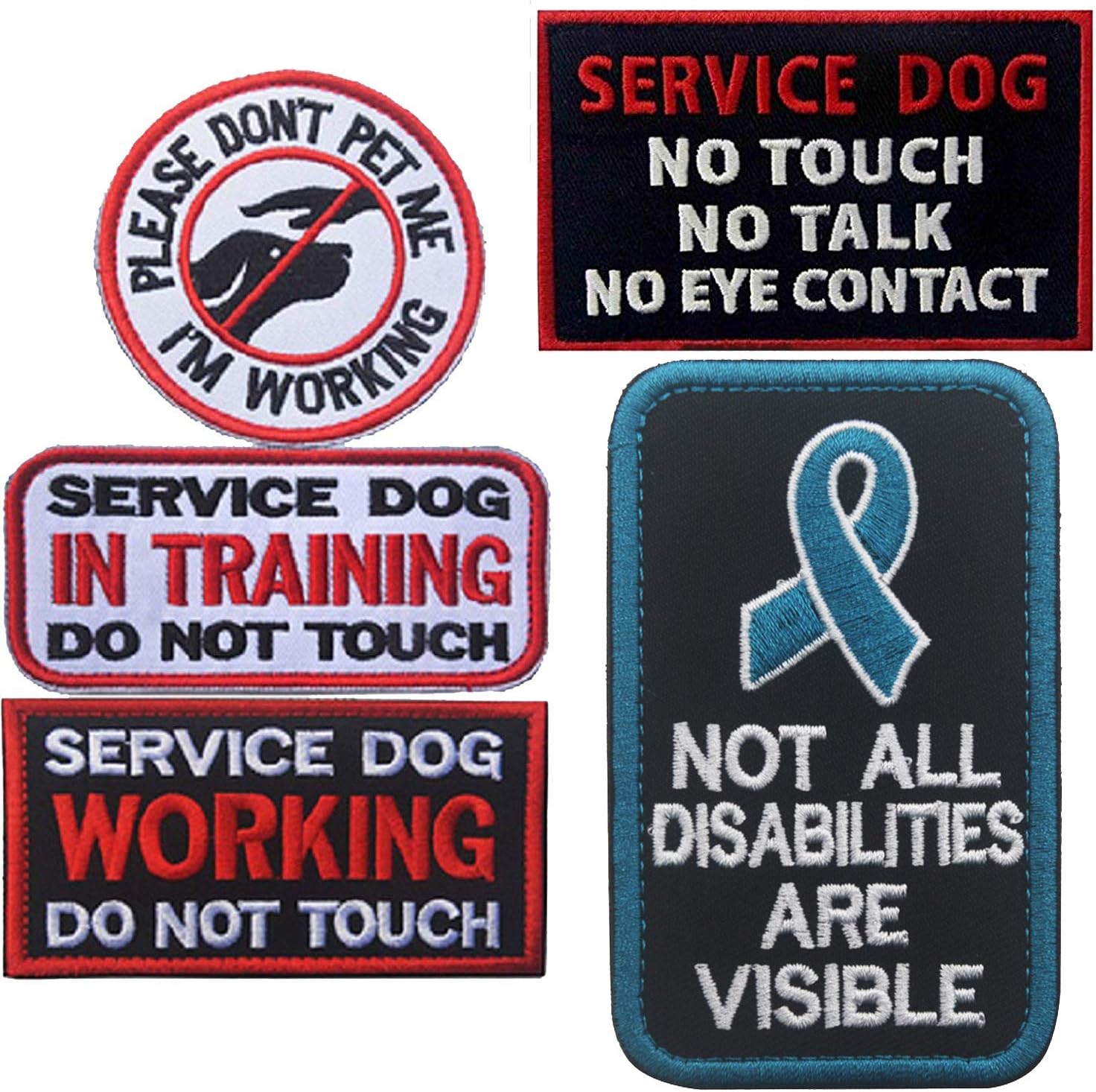 ODSP Service Dog Patches, in Training, Not All Disabilities are Visible, I'm Working Please Don't Pet Me, Working, No Touch No Talk No Eye Contact Embroidered Hook and Loop Patches 5 PCS