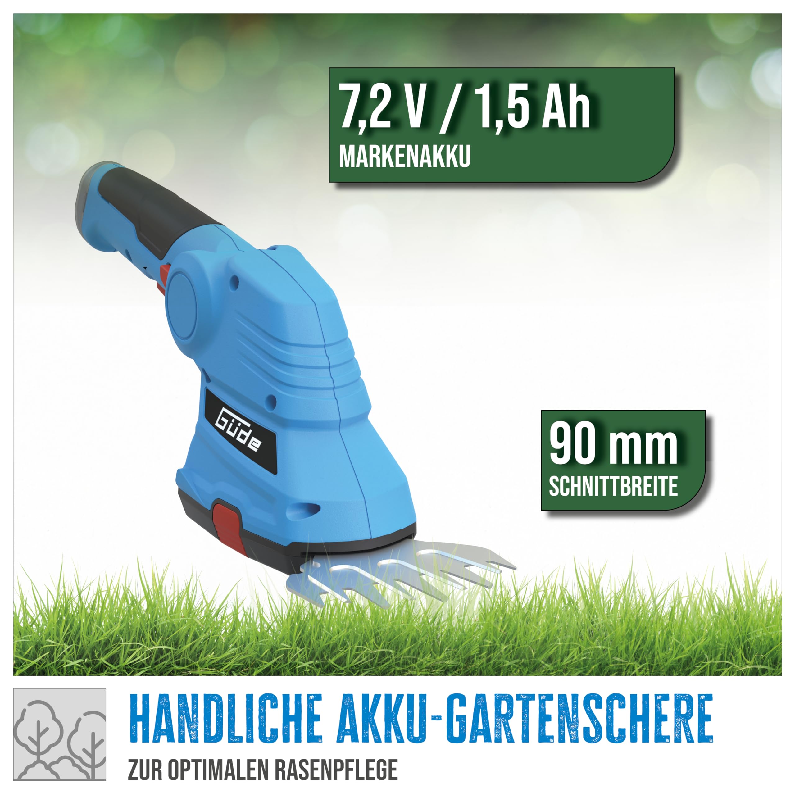 Güde 95508 Kit d'entretien de Jardin sans Fil GPS 7,2 V-1,5 Li-ION (Batterie 7,2 V, Li-ION, kit composé d'un Embout de cisaille à Gazon, haie et Taille-arbuste) Bleu 48 x 10 cm