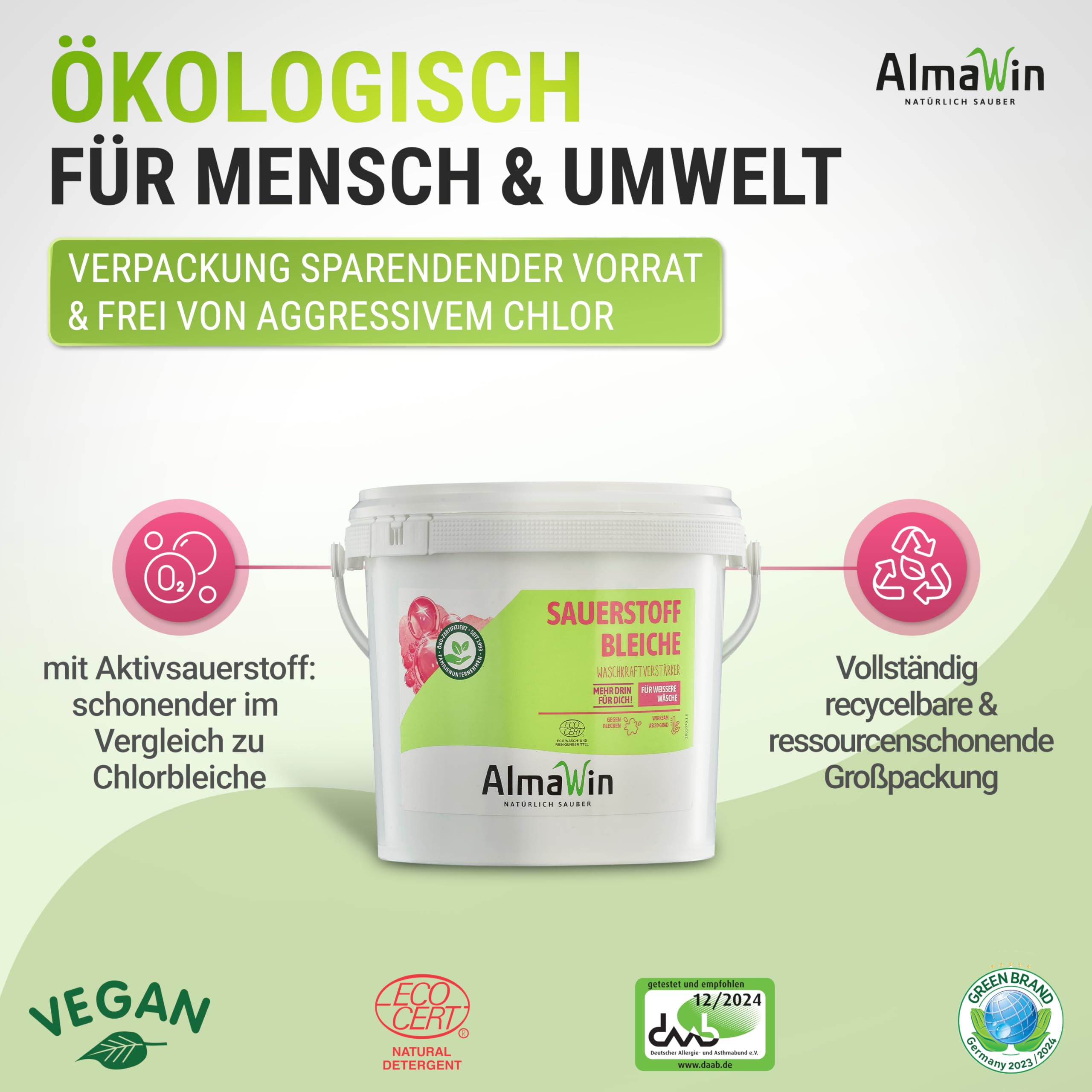 AlmaWin® Sauerstoffbleiche Pulver [2,5kg] für strahlend weiße Wäsche ab 30°C, gegen Gerüche & Verfärbungen - Aktivsauerstoff Bleichmittel für Abfluss, Spül- & Waschmaschine