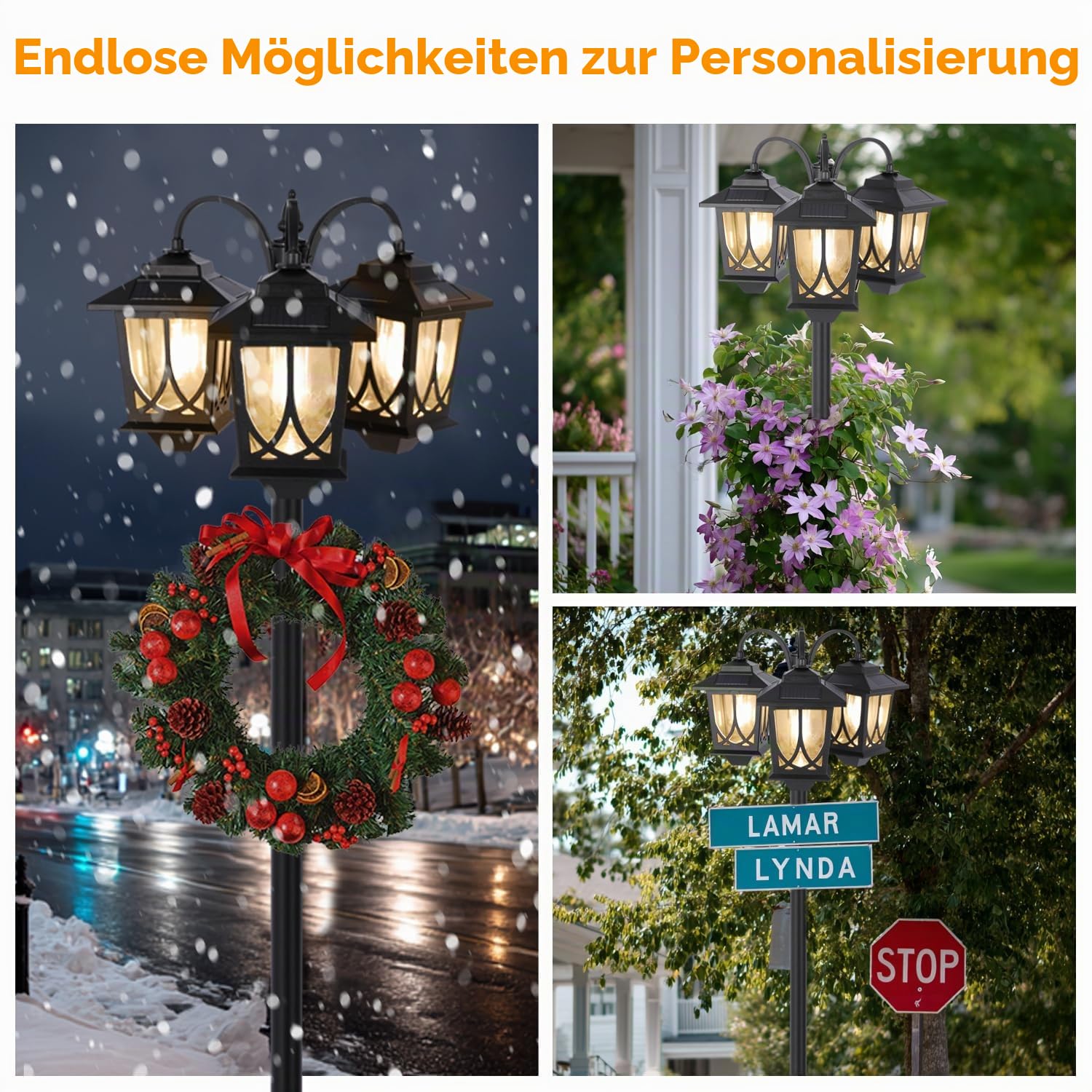 3-Kopf-Solarlampe Pfostenleuchte, 185,4 cm, Solarleuchten für den Außenbereich, wasserdicht, 60 lm, 3000 K, Wegeleuchten für Garten, Rasen, Hof