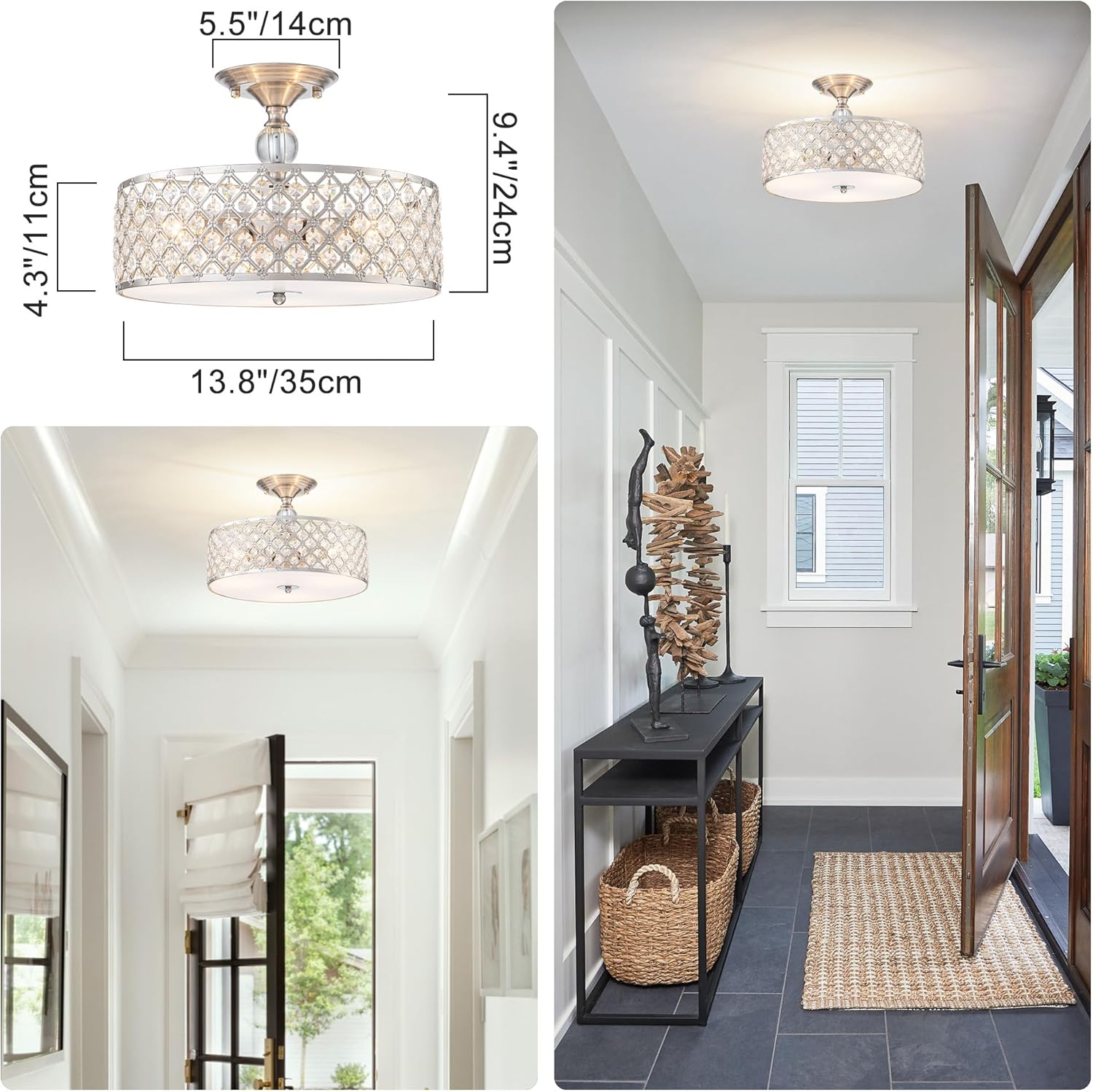 3-Light Brushed Nickel Semi Flush Mount Ceiling Light Fixture,Modern Drum Crystal Metal Acrylic Round Close to Ceiling Light