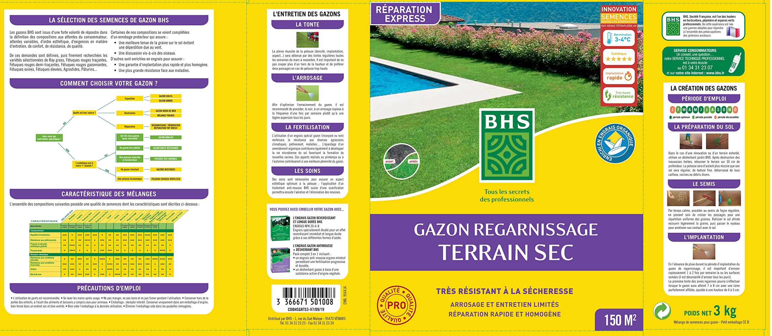 BHS Gazon Regarnissage Terrain Sec - 3kg - 150 m² - Gazon plus résistant et mieux protégé - Bonne Pérennité et Résistance Aux Piétinements GRTS3