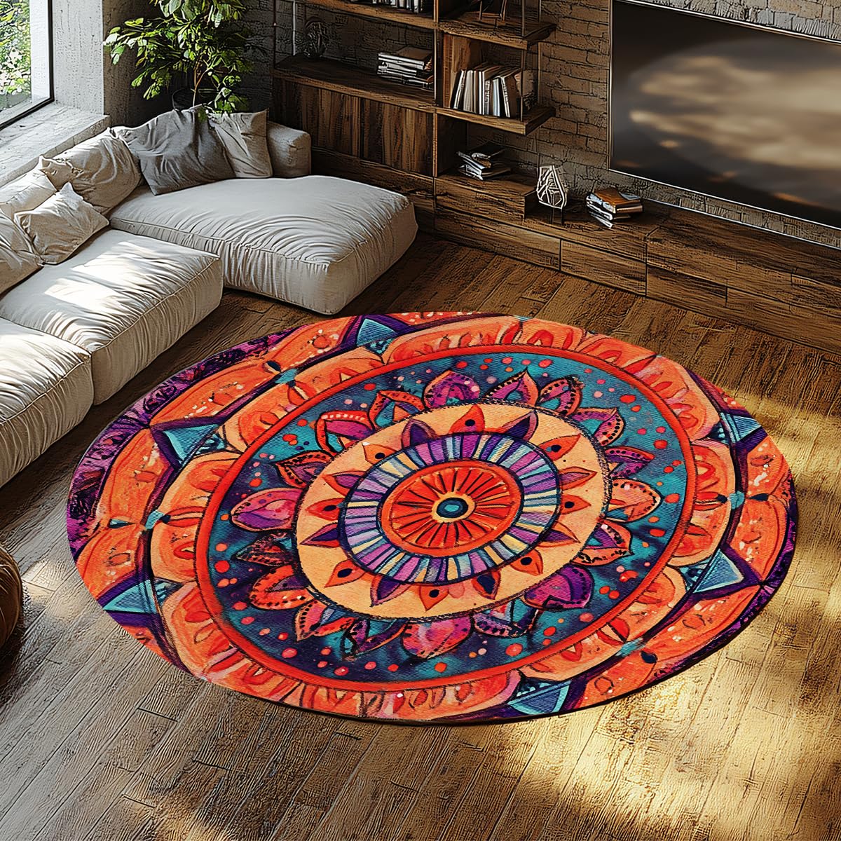 Tapis rond orange 140cm vintage bohème lavable à poils ras pour salon