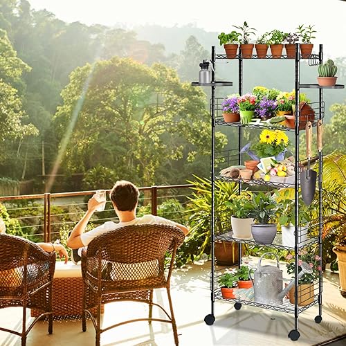 Miniatura 8 de Hestiasko Estante de almacenamiento de 5 niveles con 2 estantes giratorios, estante de almacenamiento ajustable con 5 ganchos, estante de metal,