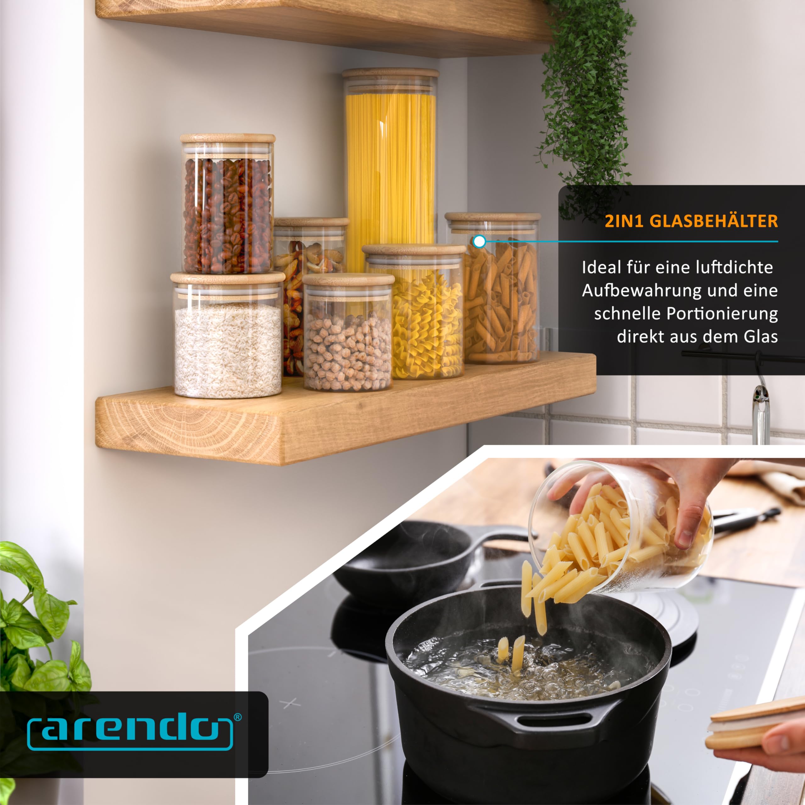 Arendo - Vorratsgläser mit Deckel - 10er Set - Behälter aus Glas – hitzebeständig – Vorratsdosen mit Bambusdeckel - luftdicht - für Müsli Zucker Mehl Kaffee Reis