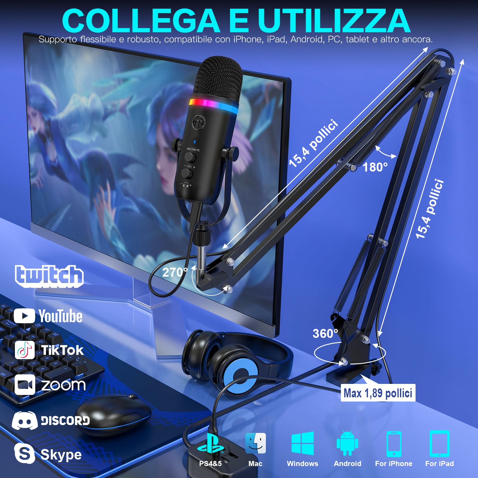 zealsound Microfono USB per Podcast con Braccio, Microfono RGB Gaming con cancellazione del rumore, Mute Rapido e Jack di Monitoraggio, Microfono da Studio per PC/Mac/Phone, Streaming e YouTube