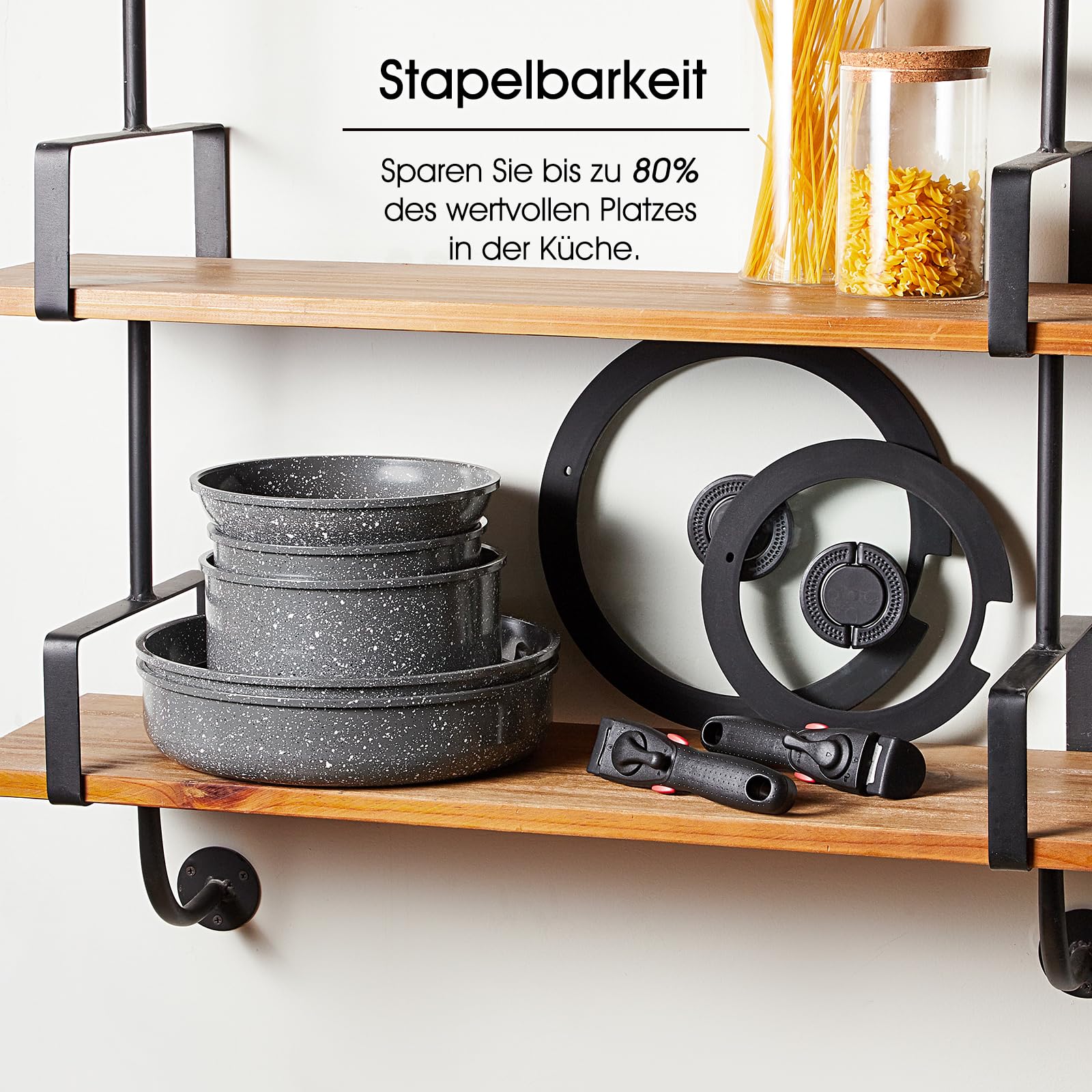 ROSSETTO 7-teilige Topfset Induktion mit abnehmbarem Griff und keramische Antihaftbeschichtung, stapelbar forged Aluminium Kochtopf Set mit Glasdeckel, Bratpfanne, Kasserolle