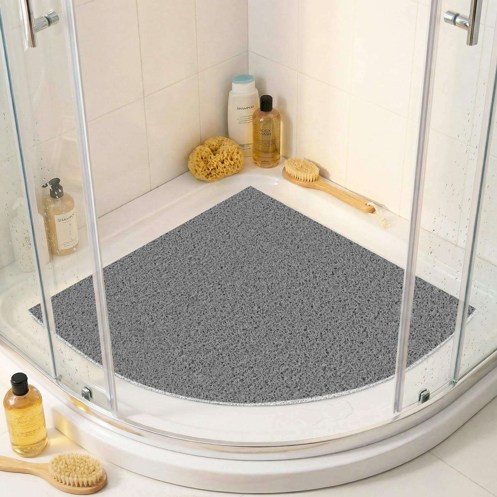 BLESWIN Corner PVC Loofah Shower Mat Quick Dry 71 x 71 CM Gray