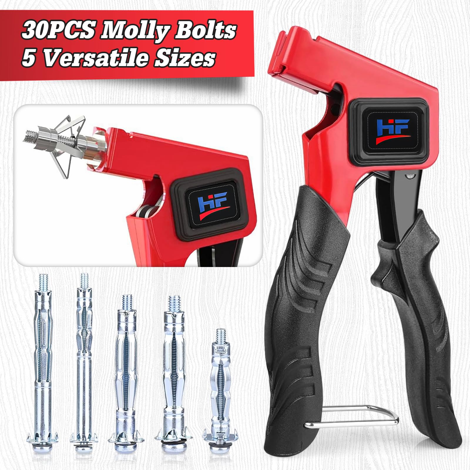 Kit de Anclajes de Pared Hueca, Herramienta de Ajuste de Metal Resistente con 30 Unidades en 5 Tamaños (M4/M5/M6) y Guantes de Trabajo, Ideal para Pladur, Paredes Huecas y Madera Contrachapada