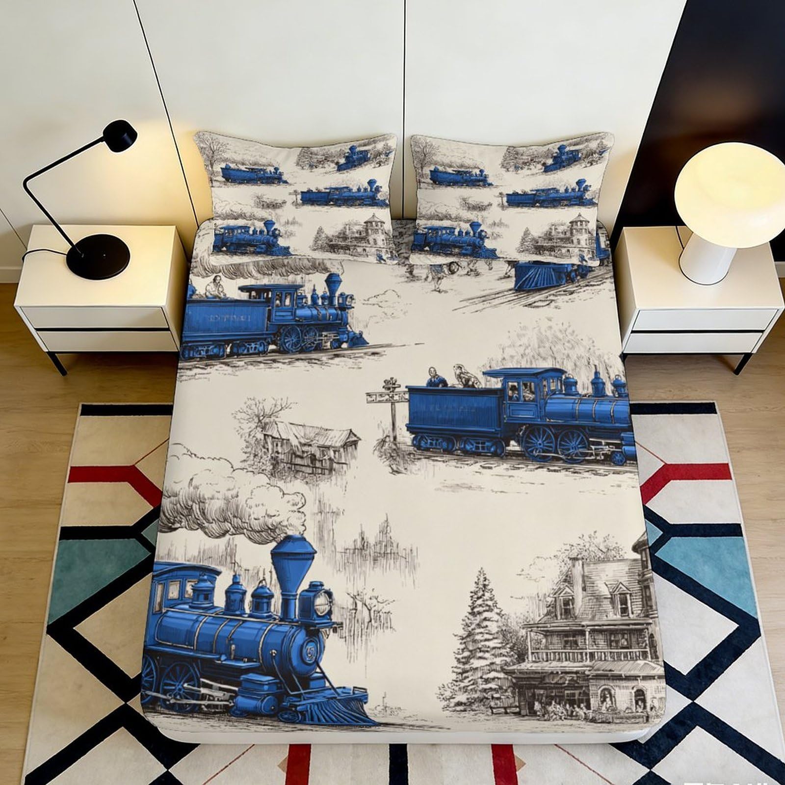 3D Printed Blue Steam Train Fitted Sheet Microfiber Soft Non-Slip Vintage Locomotive Bed Cover for Bedroom Dorm Room Mattress Decor 140x200x25cm