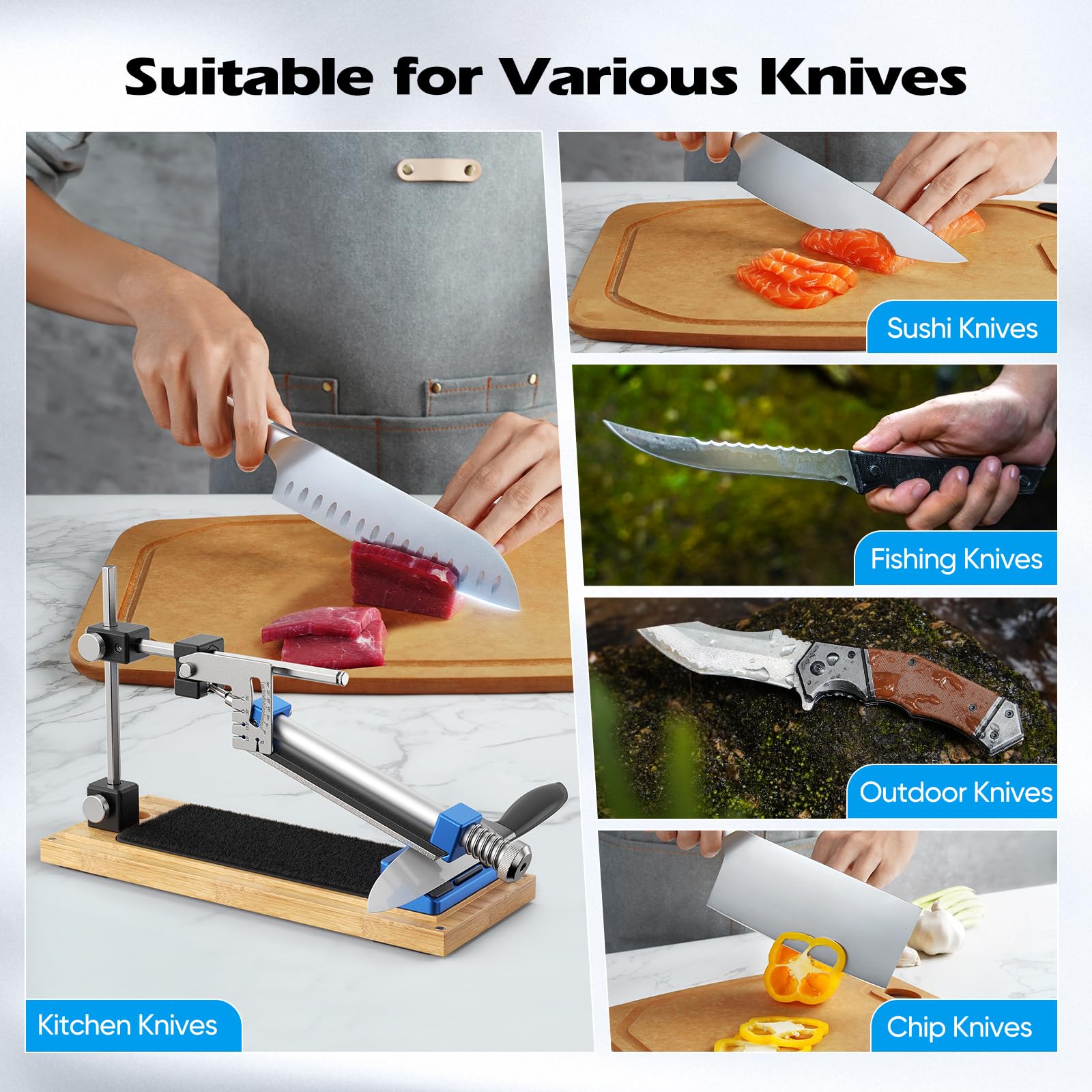 Set profesional afilador cuchillos con caja madera, Diseño sujeción rápida para fijación segura, Ángulo ajustable 0–30° para distintas hojas, Ideal para afilado fino y pulido en cocina