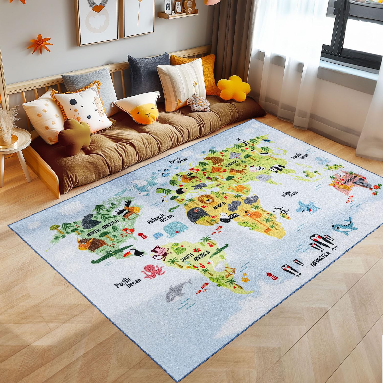 SIMPEX Alfombra Infantiles, Mapamundi con diseño de Animales, Alfombra Azul, 140 x 200 cm, Alfombras para niños, Alfombra habitación Infantil