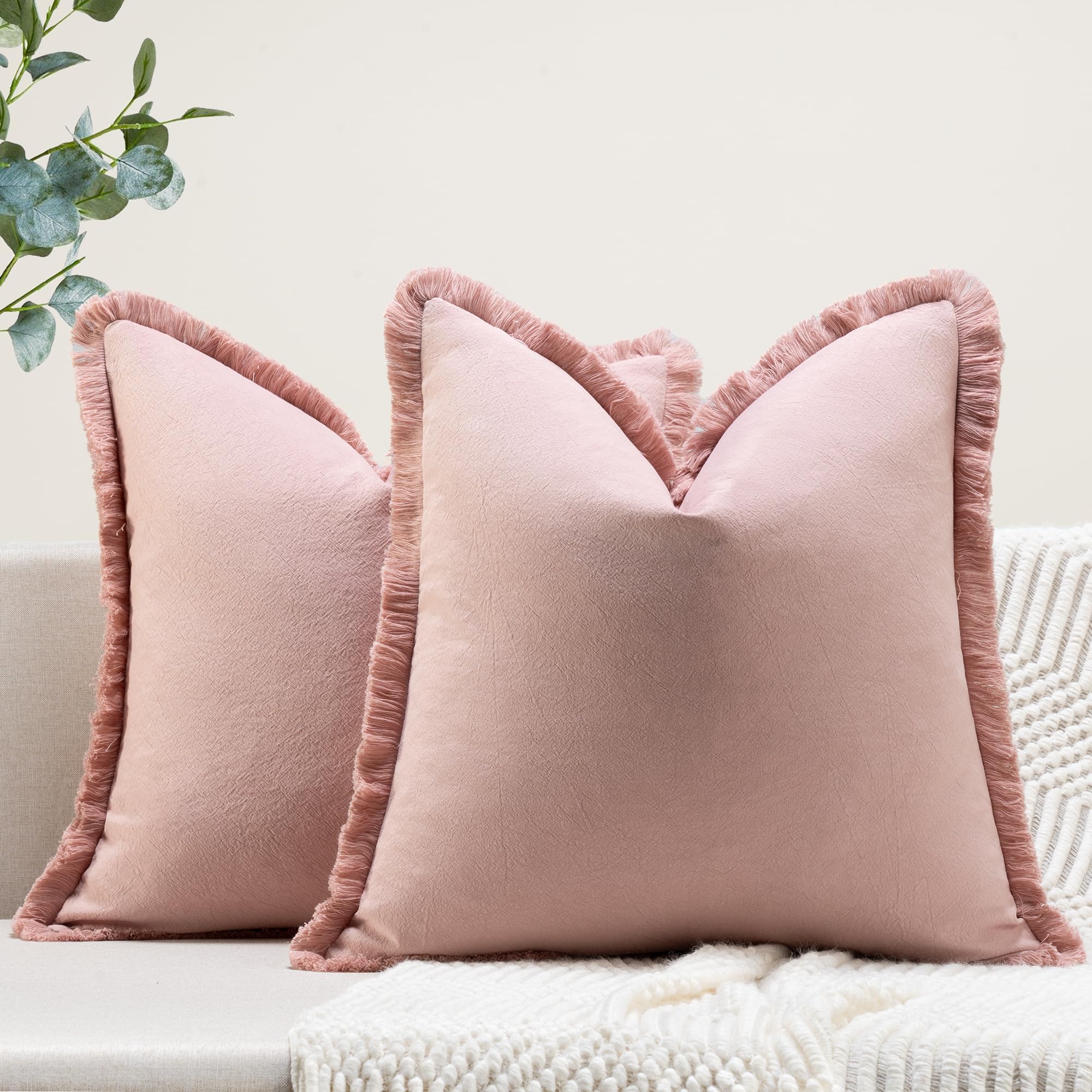 ZWJD Farmhouse Pillow Covers 22x22 Set of 2 Dusty Pink Throw Pillow Covers with Fringe Chic Cotton Decorative Pillows Square Cushion Covers for Sofa Couch Bed Living Room Boho Decor