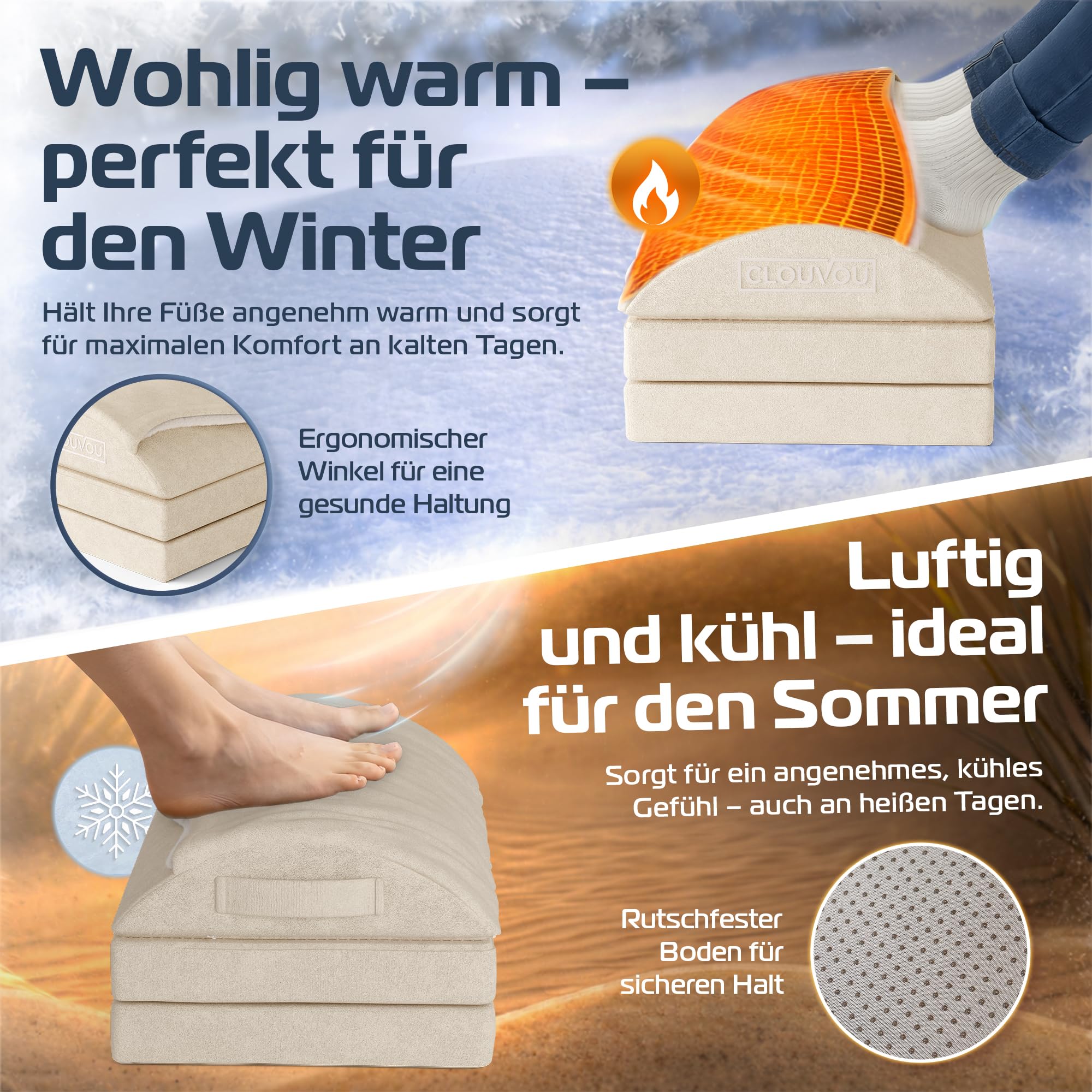 CLOUVOU MasterRest Ergonomische Fußstütze Schreibtisch [TESTSIEGER] Fußhocker höhenverstellbar - Fußablage Schreibtisch - Fußstütze Büro - Fußkissen für Homeoffice - Traumhaft Flauschig