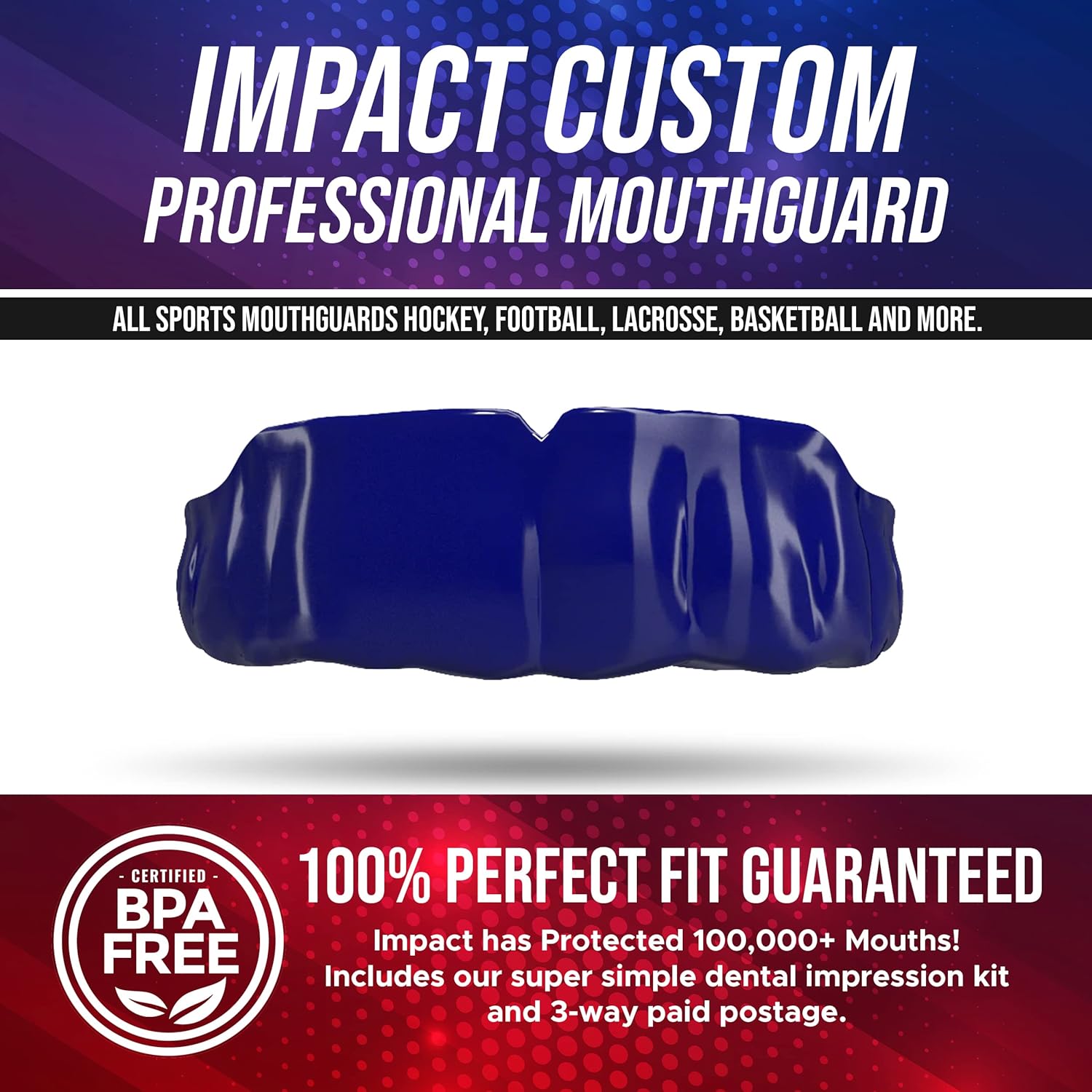 Impact All Sports Mouthguard Lacrosse, Football, Hockey, Basketball, ​​Jiu-Jitsu, and More, Breathable Mouthguard for Youth Adults, Professional Custom-Fit, Navy Blue