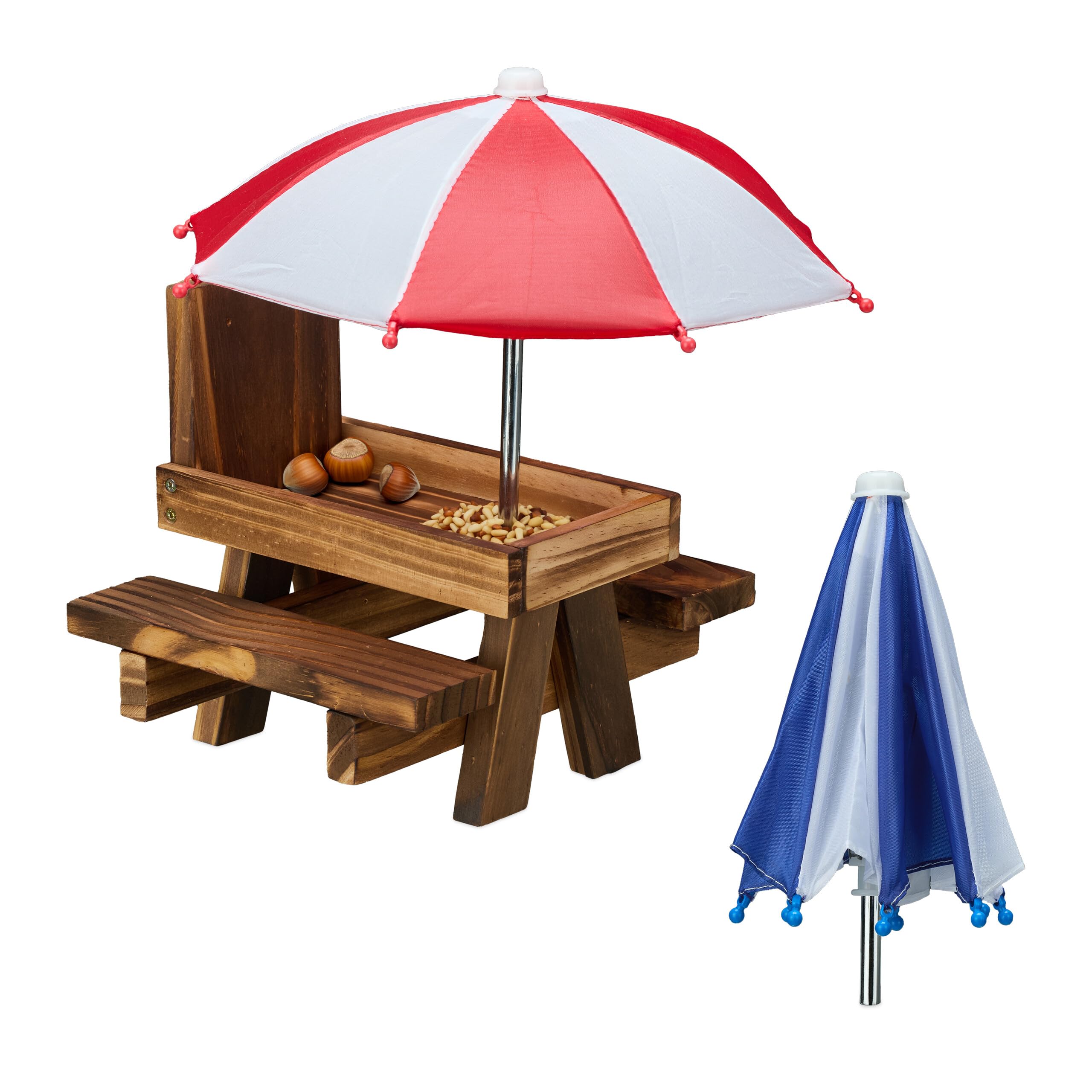 Relaxdays Squirrel Feeder Table, Wood, with 2 Umbrellas, Hanging Feeding Station, Water Trough, Garden, Dark Brown