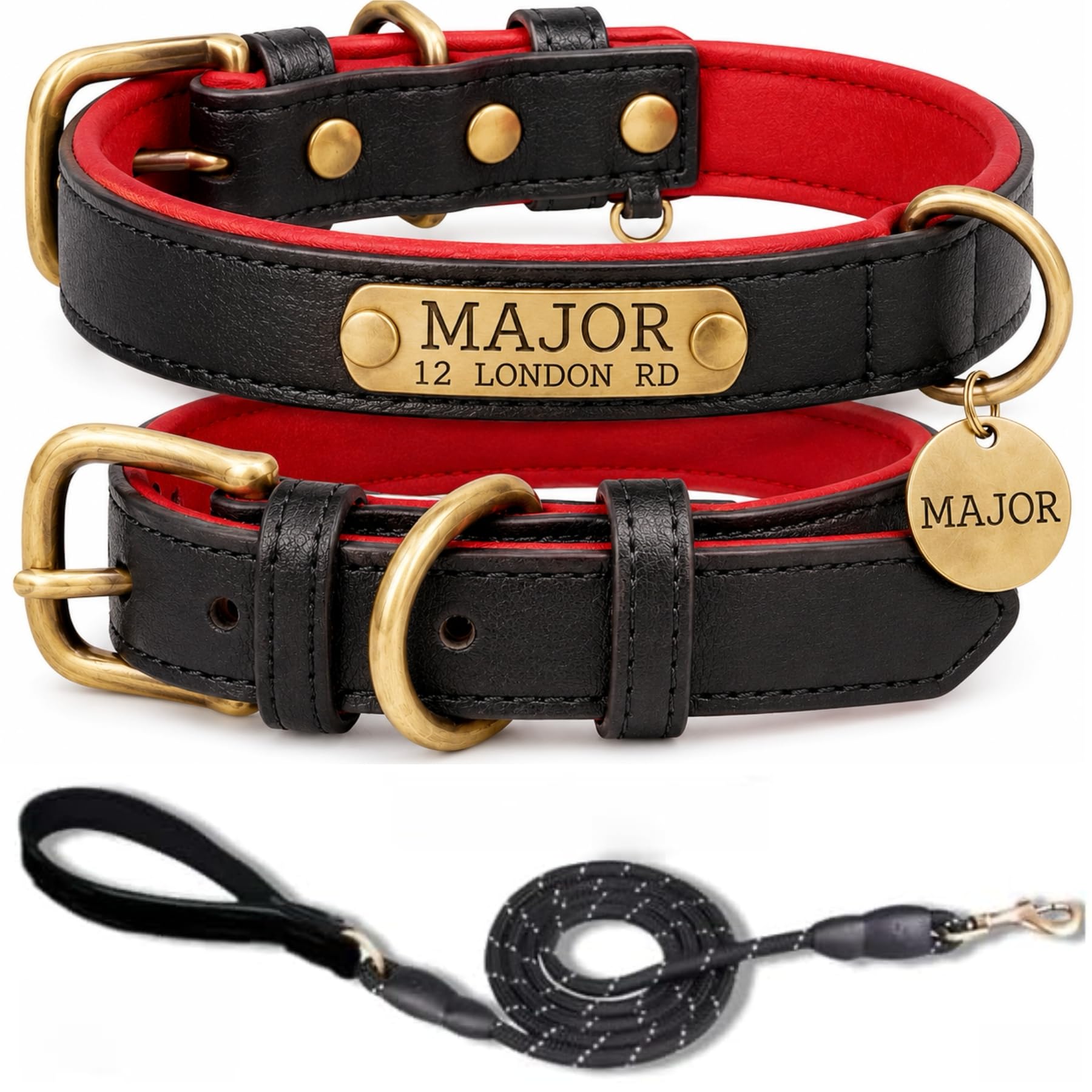 Personalised Leather Dog Collar and Lead Set with Engraved Name ID Plate, Adjustable Comfort Design for Small Medium and Large Dogs, Custom Dog Walking Collar Set — image 1
