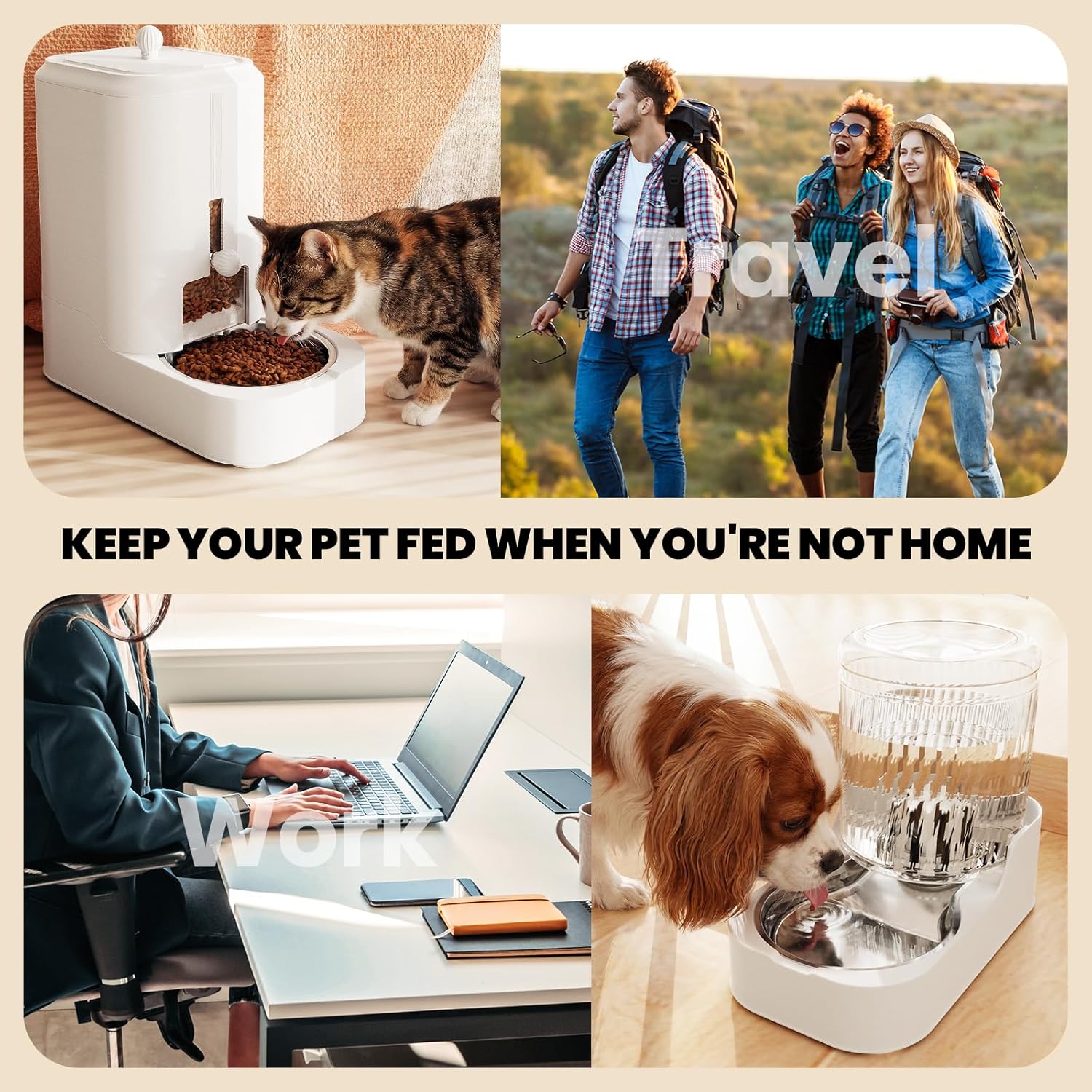 Automatic Cat Feeder Dog Water Bowl Dispenser Set with Stainless Steel Bowl, Adjustable Food Dispensing & Keep Food Dry, Auto Pet Feeder and Waterer for Cats and Dogs