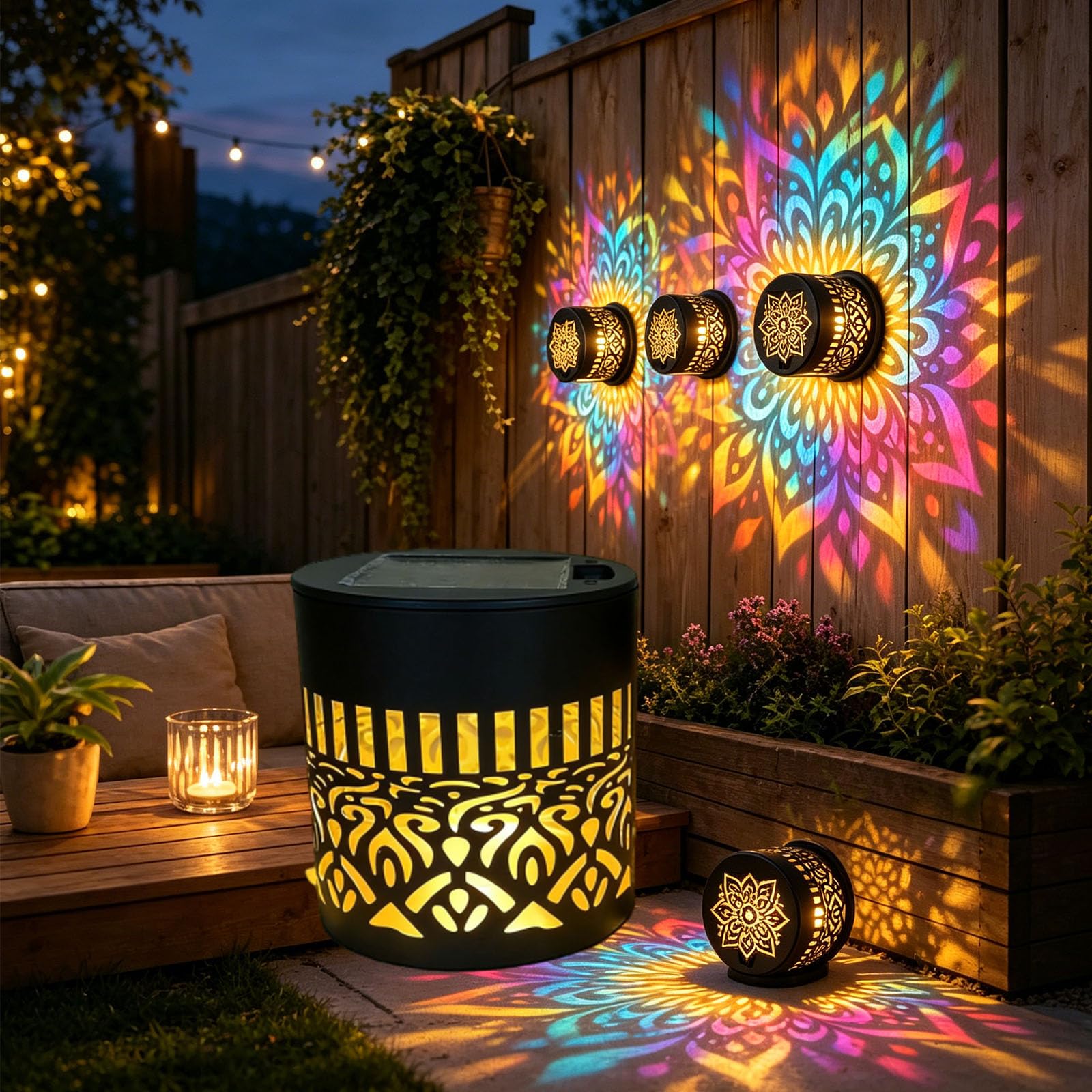Solar Mandala Wall Light Outdoor Garden Fence Projector Lamp - Waterproof LED Mandala Projection Light for Patio Yard Backyard Decor - 7 Colour Changing Metal Projector Wall Light (1PC)