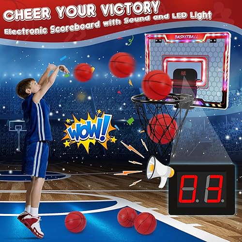 Vista 9 de Juego de mini aros de baloncesto para interiores con 4 bolas para niños y adultos para puerta y pared con accesorios completos de baloncesto, Mini