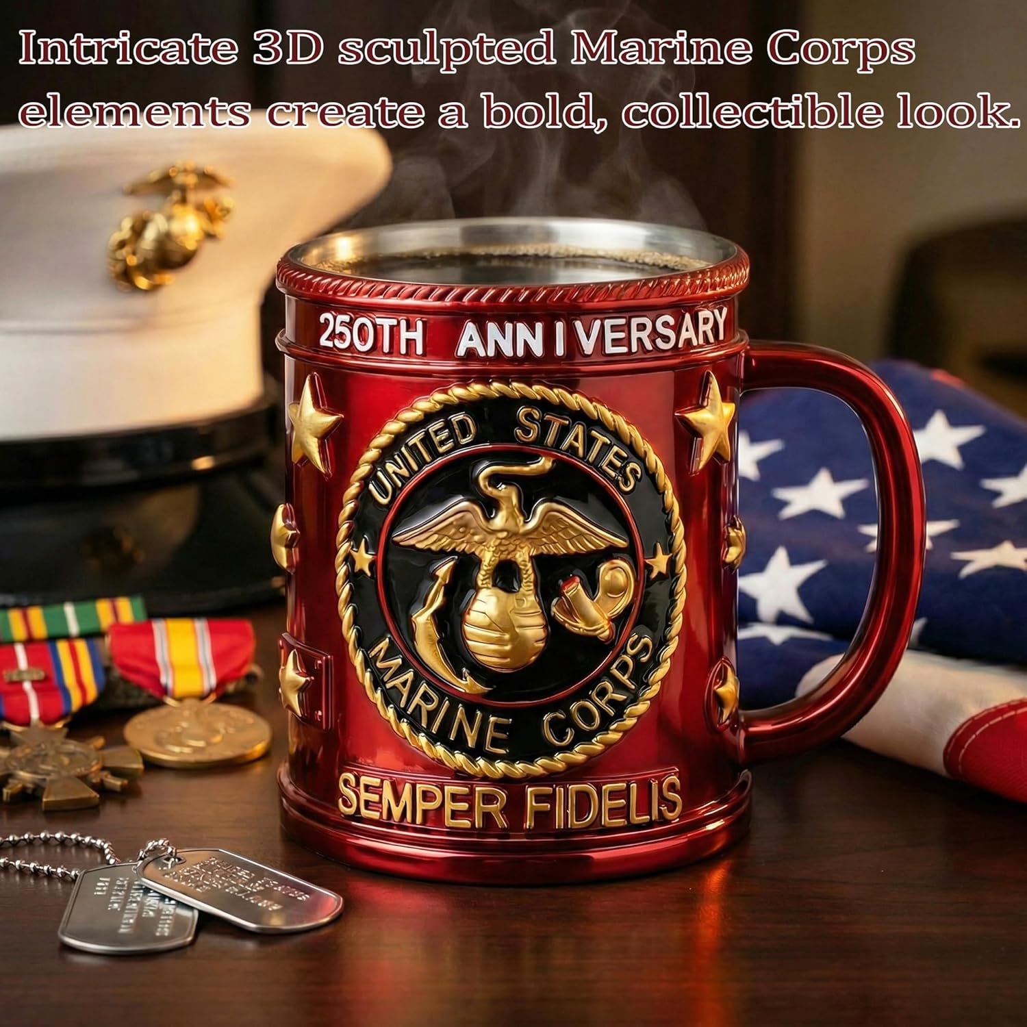 Metal Heavy Marine Corps Coffee Mug, USMC Anniversary 15oz Mug, Stainless Steel Army Mug, Veteran Gift & Military Collectible