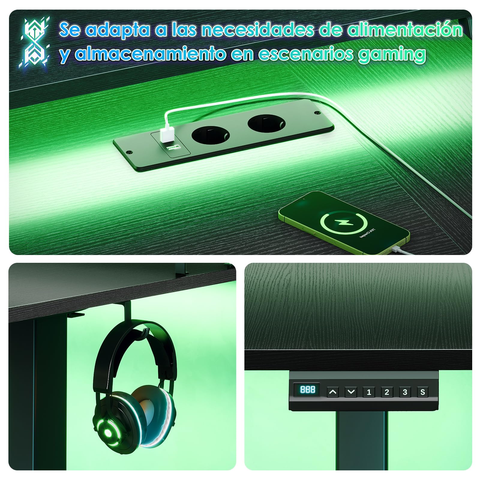 OffiGo Escritorio Gaming Regulable en Altura con LED 140×74 cm, Negro | Cubierta forma en U, USB y enchufes integrados, Mesa gaming con 4 memorias, Escritorio gaming con iluminación LED