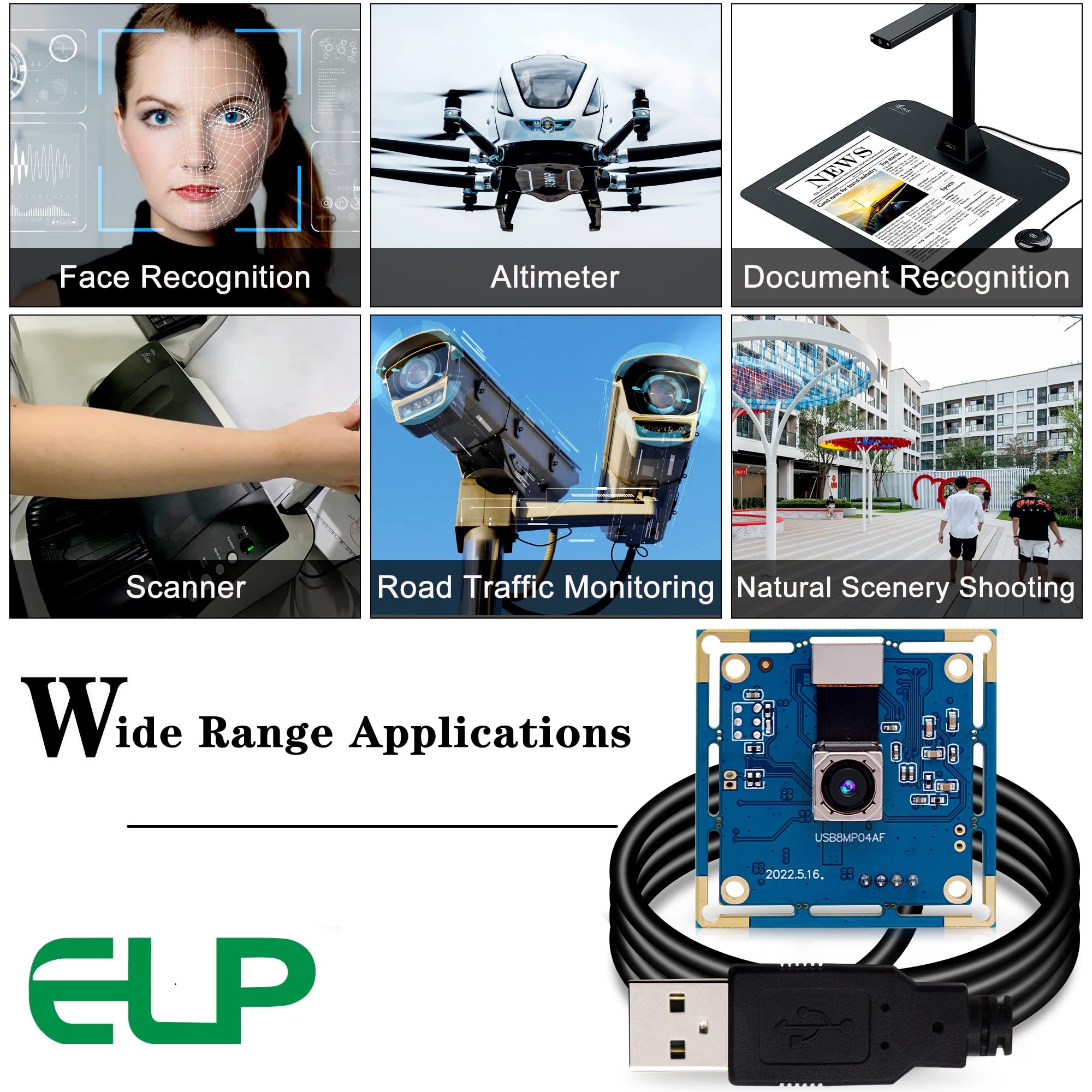 ELP Telecamera USB da 8 MP - Autofocus 4K PC e Raspberry Pi Mini UVC USB2.0 Scheda Webcam IMX179 Fotocamera Industriale Lightburn per Laptop