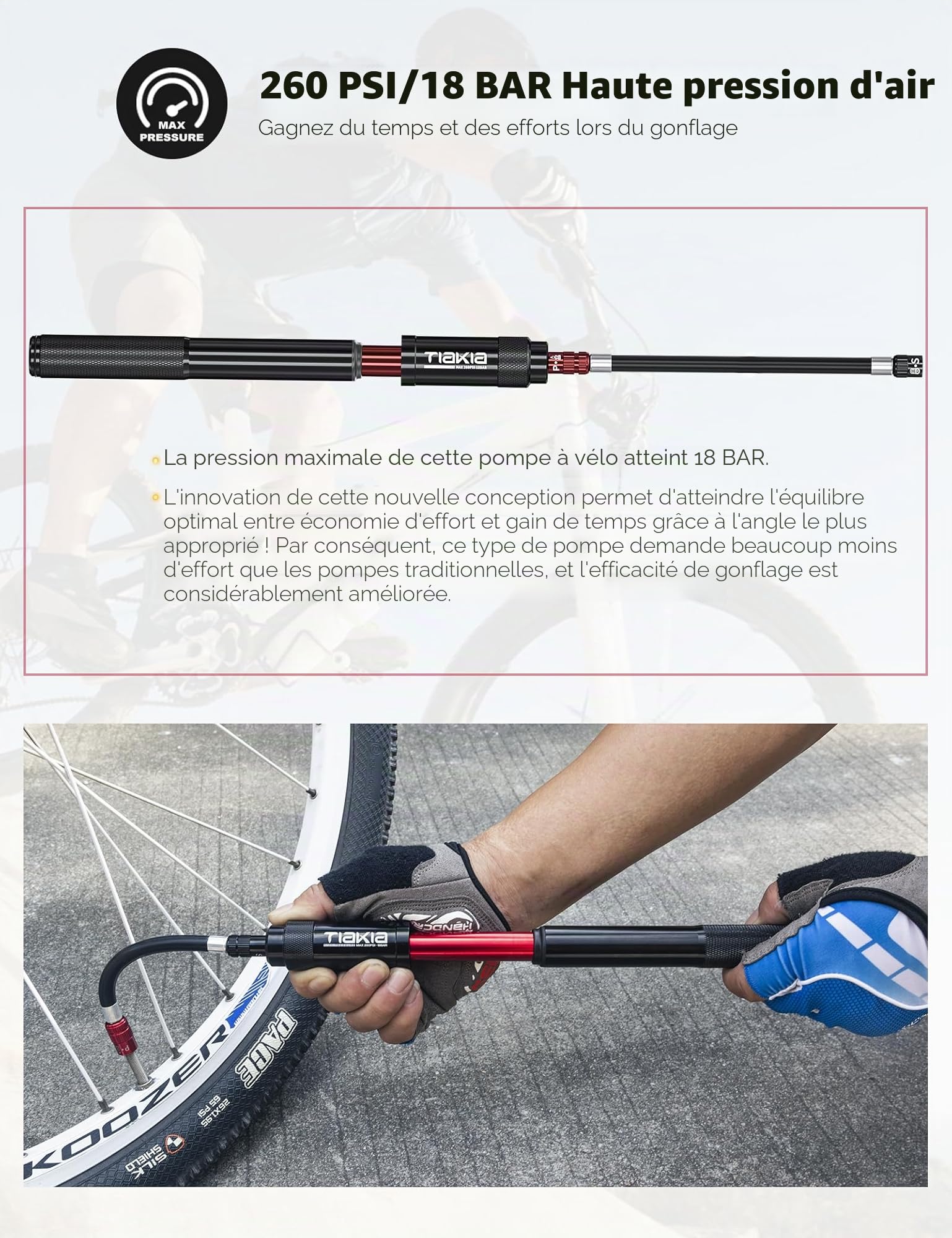 Tiakia Pompe à Vélo Mini Pompe Haute Pression 260PSI Petite Pompe à Main pour Valve Presta Schrader Dunlop, Pompe à Vélo Portable Compacte légère avec Support de Fixation pour BMX VTT Velo Route
