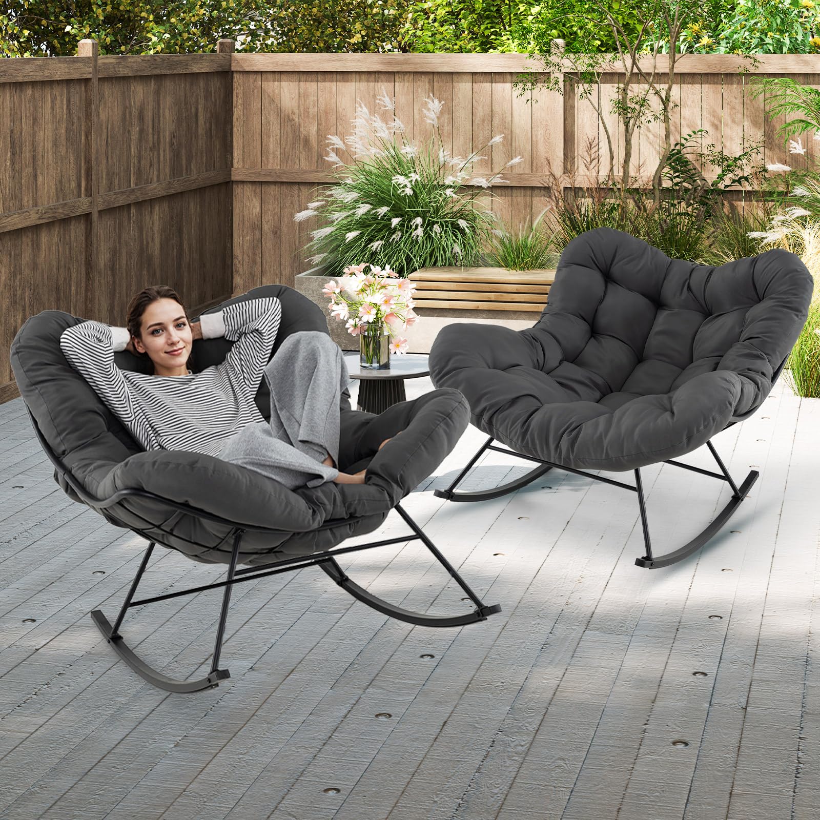 COSTWAY Silla Mecedora con Cojín Acolchado, 110x95x94 cm, Mecedora Salon Extra Grande, Carga 205 kg, Sillon Balancin con Marco de Metal, Pies Antideslizantes, Antivulco, Interior y Exterior, (Gris)