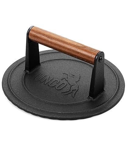 UNCO- Cast Iron Grill Press, 8.5”, Cast Iron Smash Burger Press, Burger Smasher for Griddle Press, Hamburger Press for Smash Burgers, Bacon Press for Skillet, Meat Press, Bacon Press for Griddle