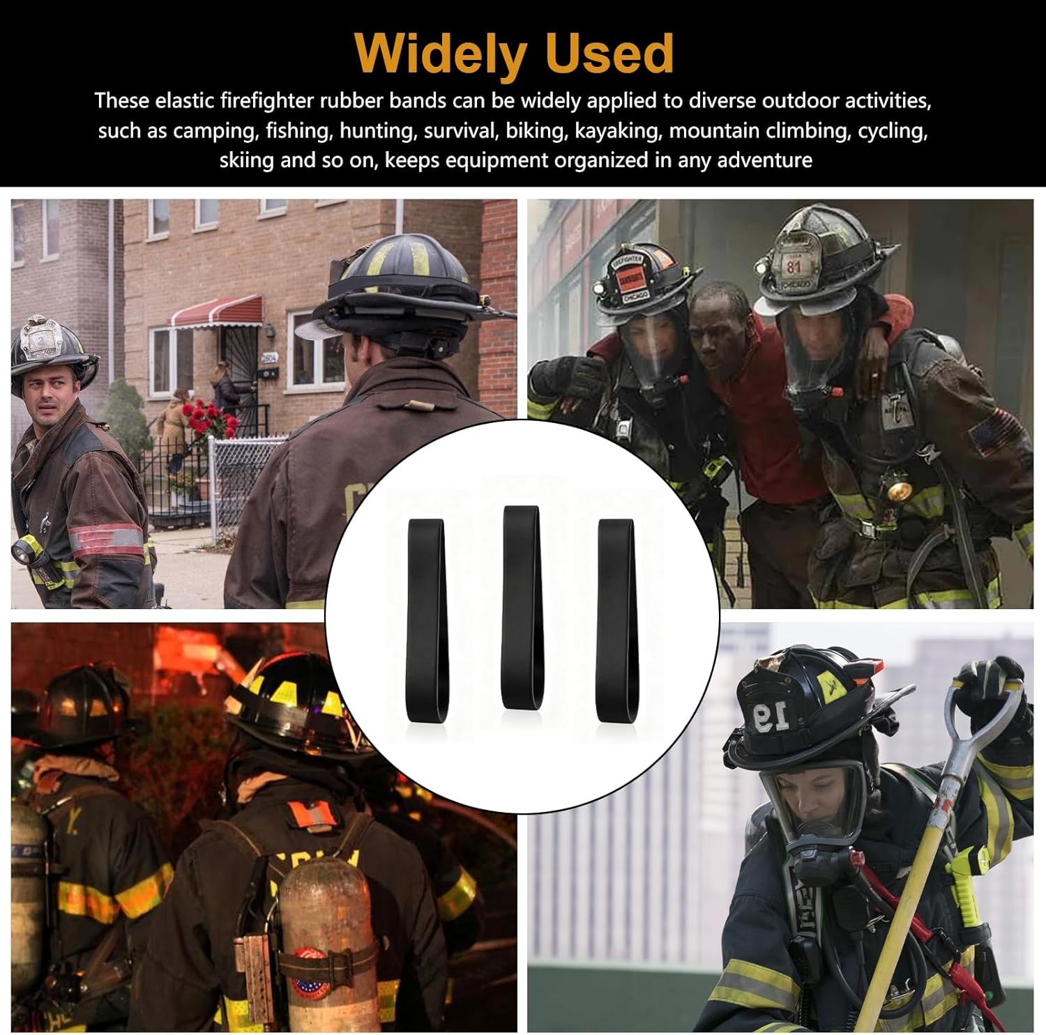 Firefighter Helmet Bands, Heavy Duty Rubber Helmet Strap Band Fits for Modern & Traditional Style Fire Helmets and Hard Hats, Holds Common Accessories on your Helmet - Not Easily Broken, Black, 3 Pack