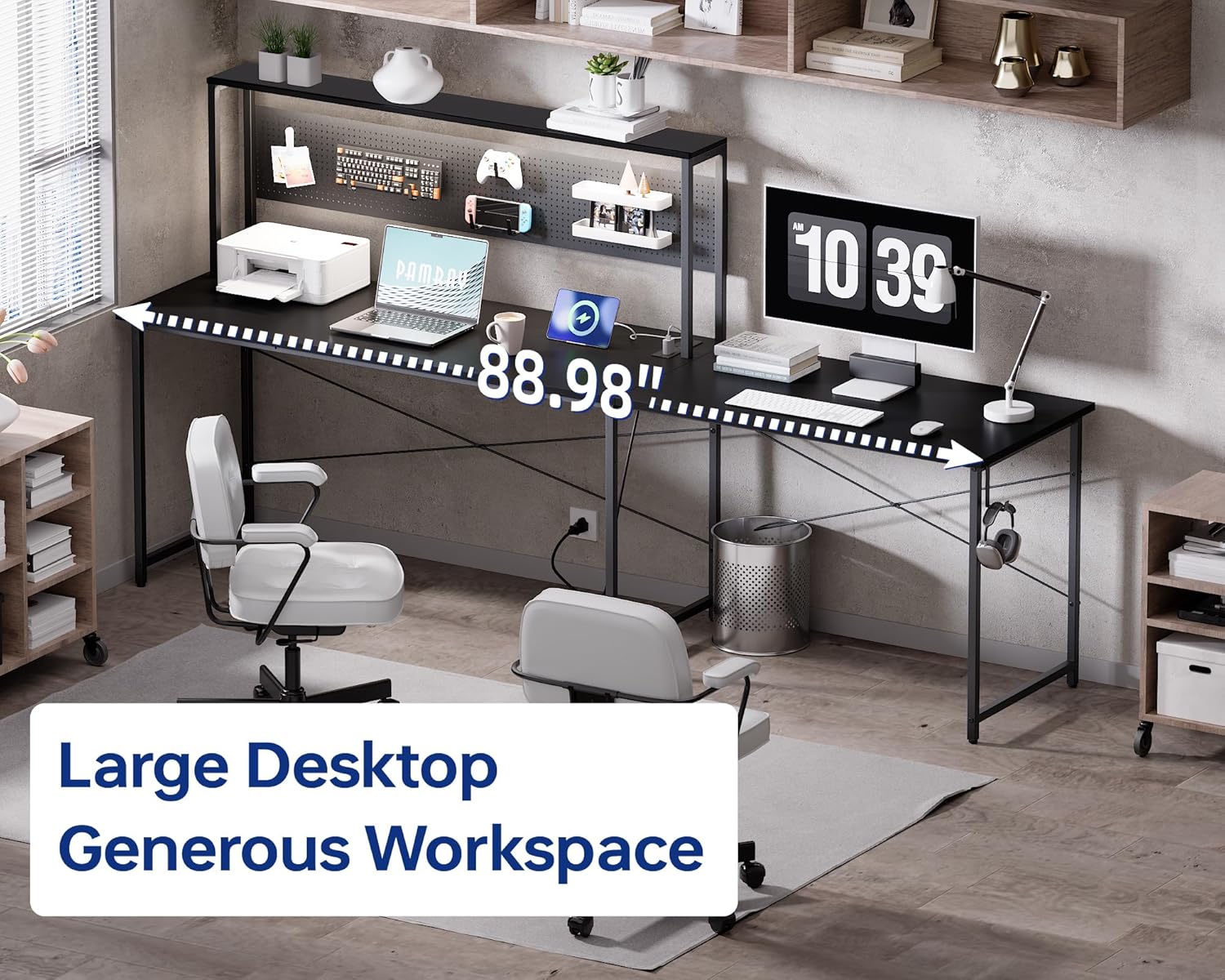 Pamray 60 Inch L Shaped Gaming Desk with LED Lights and Power Outlets Reversible Corner Computer Desk with Pegboard Storage Shelves Home Office Table for Work Study Black - Image 4