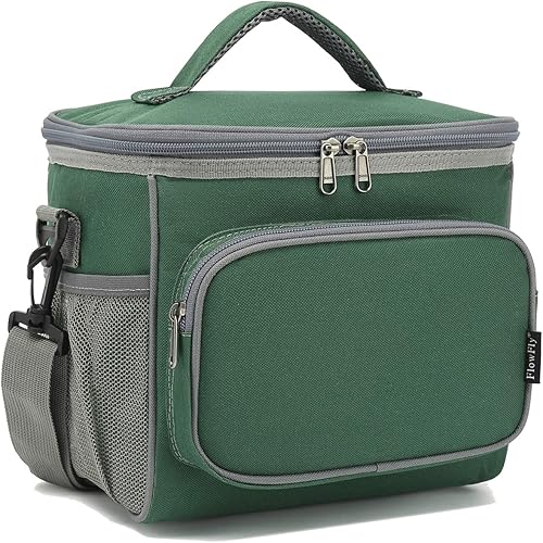 FlowFlyLonchera grande reutilizable con aislante para mujereshombres, con correa ajustable para el hombro, bolsillo frontal con cierre y bolsillos