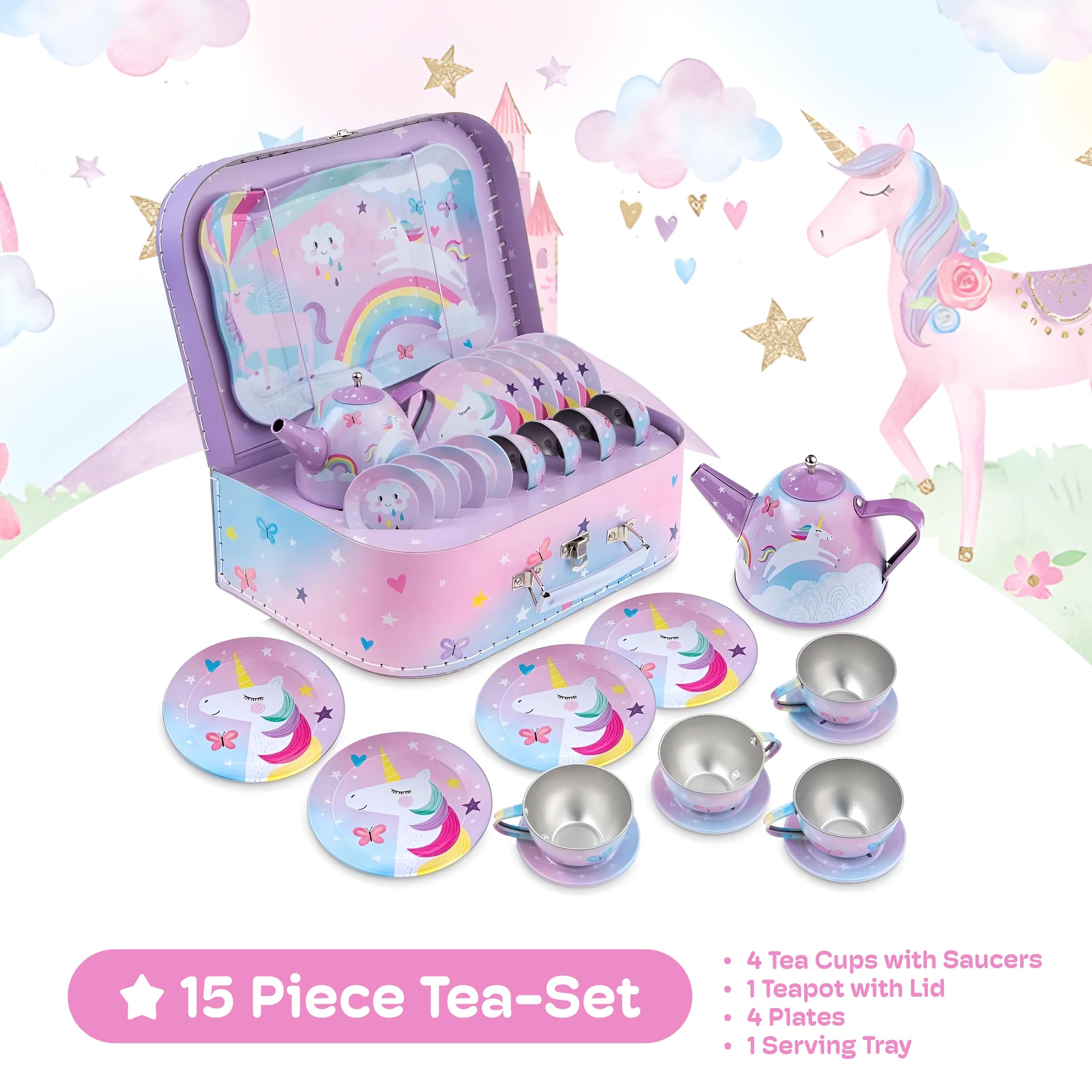 Jewelkeeper Kids Tin Tea Set and Carry Bag, Kids Tableware, Play