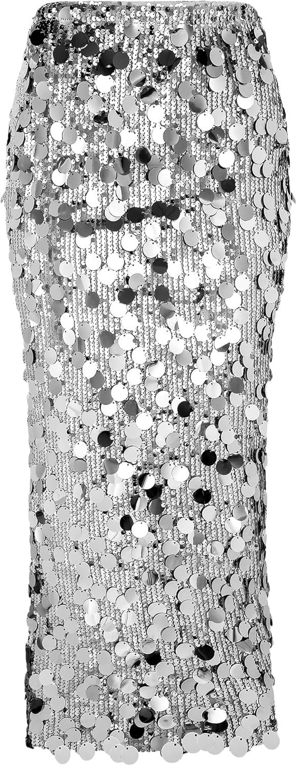 JASGOOD Sequin Skirt for Women Elastic High Waist Midi Skirt Side Slit Stretchy Sparkle Skirts for Night Out Cocktail Parties