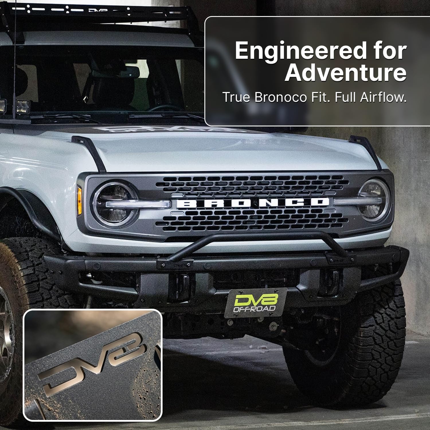 DV8 Offroad Front License Plate Bracket Compatible with 2021-2026 Ford Bronco - No Drill License Plate Mount for OEM Modular Steel Bumper, Relocation Holder Kit Helps Keep Grille Area Clear