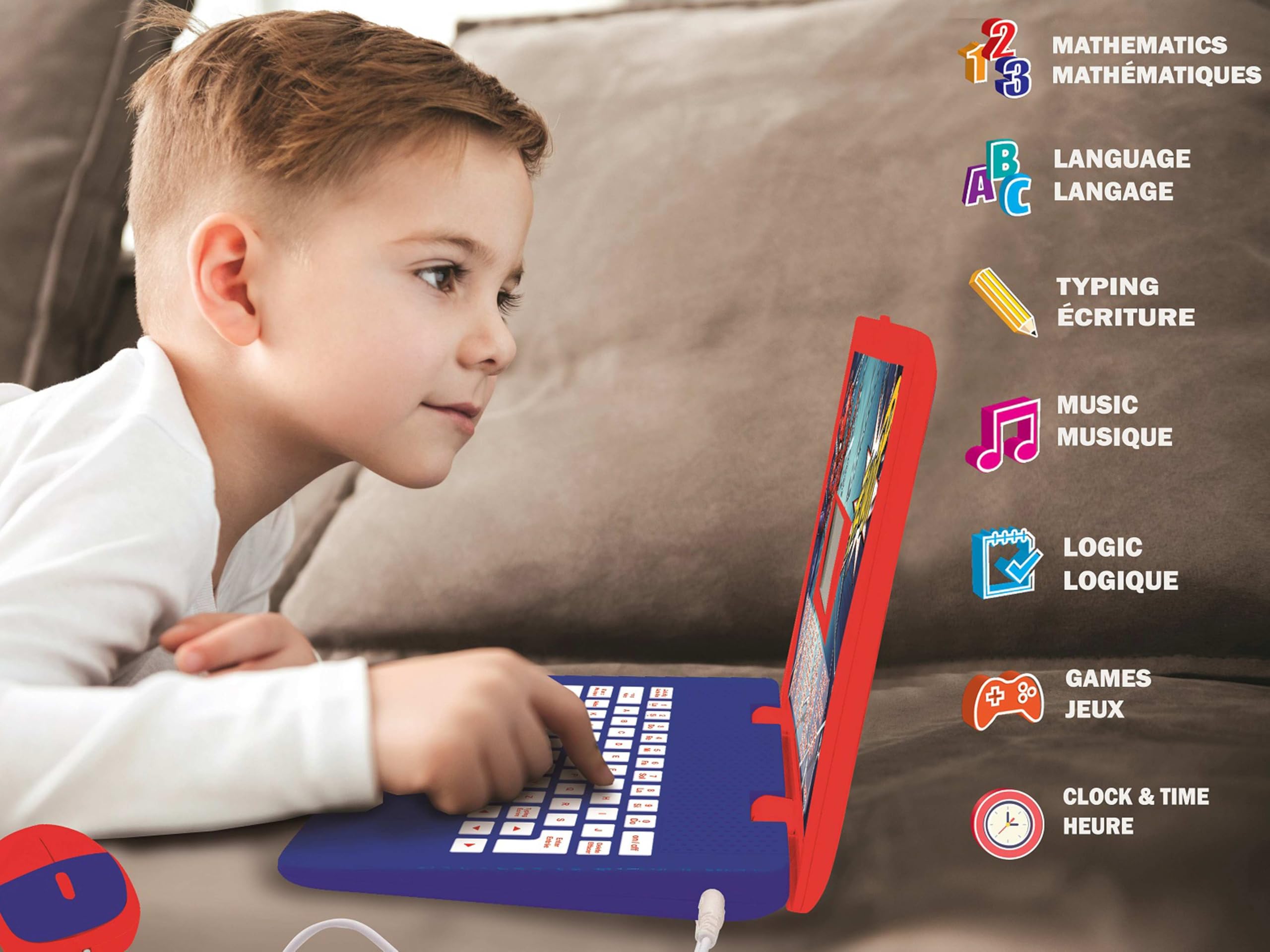 Lexibook Disney Marvel Spider-Man - Computer educativo Bilingue Francese/Inglese - Giocattolo per bambini con 124 attività per imparare, divertirsi e suonare pianoforte - Blu/Rosso, JC598SPi1LXB