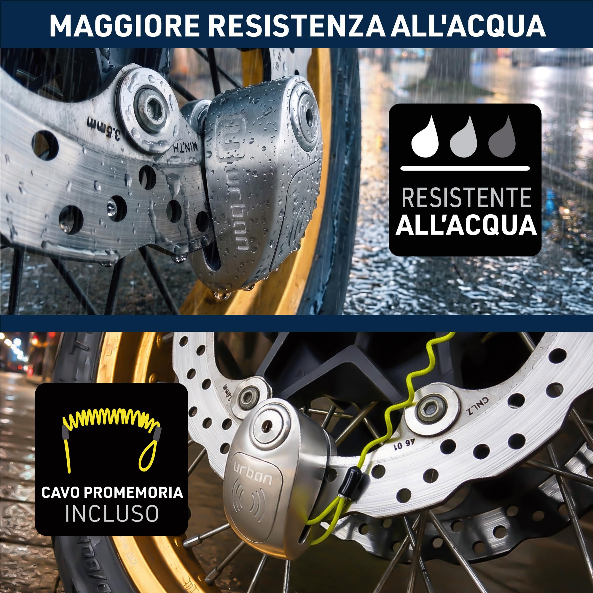 URBAN UR910S Bloccadisco Moto Senza o Con Allarme Omologato SRA et Sold Secure, Doppia Chiusura ø10 Acciaio Indurito di Alta Sicurezza, Cavo Promemoria, Lucchetto Antifurto Blocca Disco Moto, Scooter