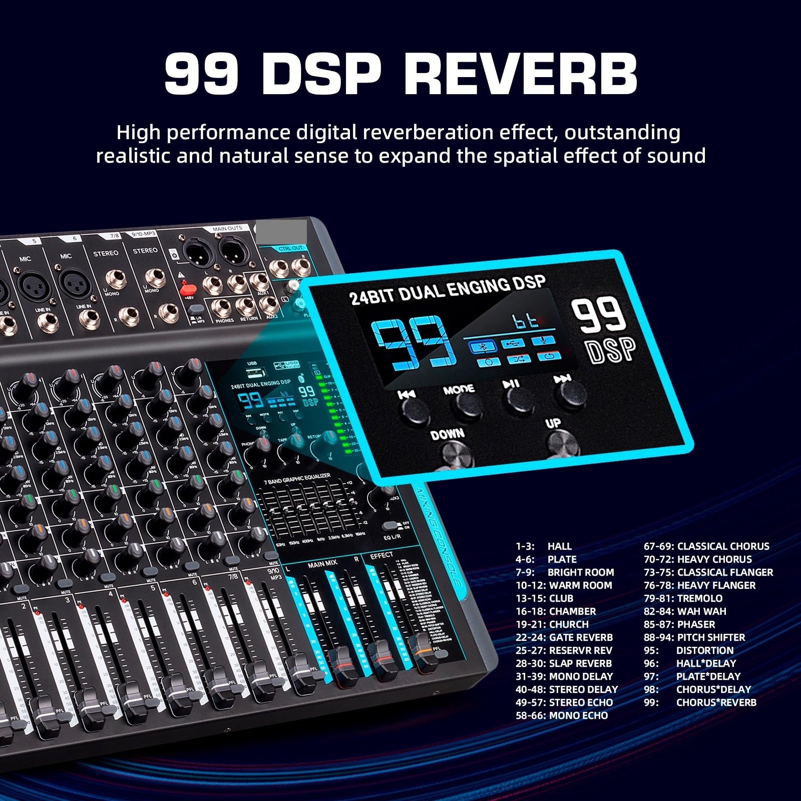 Mezclador de audio profesional DP-10, controlador DJ, mezclador de grabación de reverberación DSP 99 de 10 canales