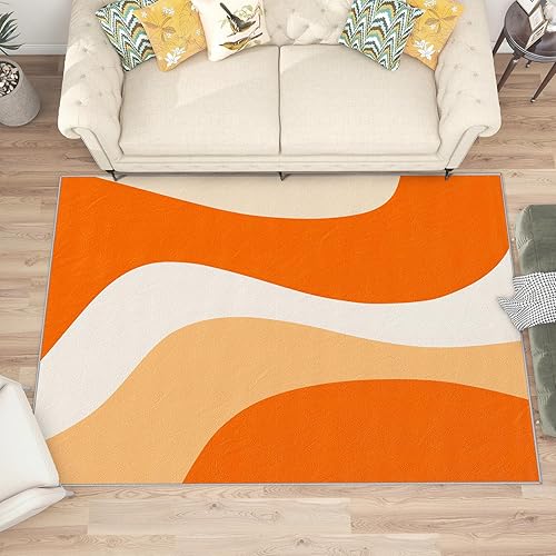 Miniatura 2 de Alfombras lavables de 4 x 5 pies, bohemio, minimalista, naranja, blanco, 70, abstracto, retro, alfombra para sala de estar, alfombra antideslizante