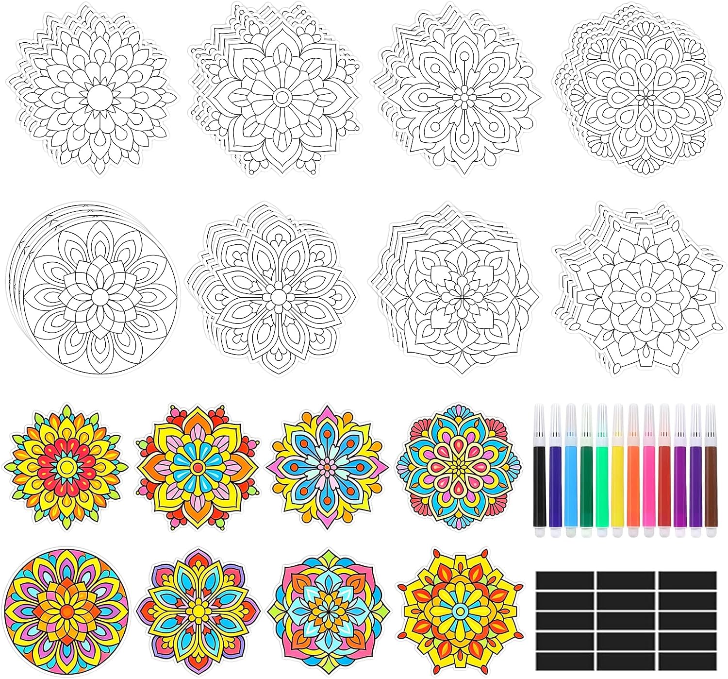 32 Pcs Diwali Mandala Craft DIY Fridge Magnets Gifts Activity Rangoli Color | Paint Your Own Mandala Cards Include Magnet Paint Pens for Indian Traditional Diwali Party Favors Home School Decor