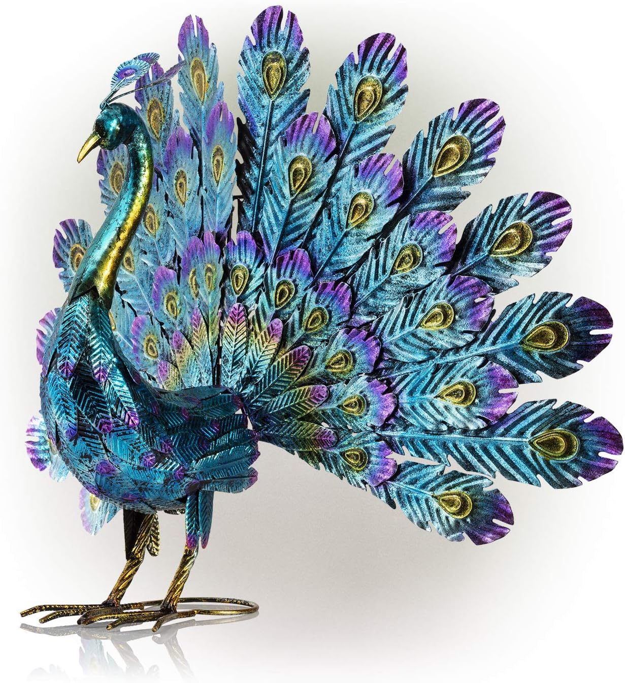 Alpine Corporation JUM232 Metal Peacock Outdoor Statue, 32" L x 12" W x 23" H, Multi-Color : Patio, Lawn & Garden