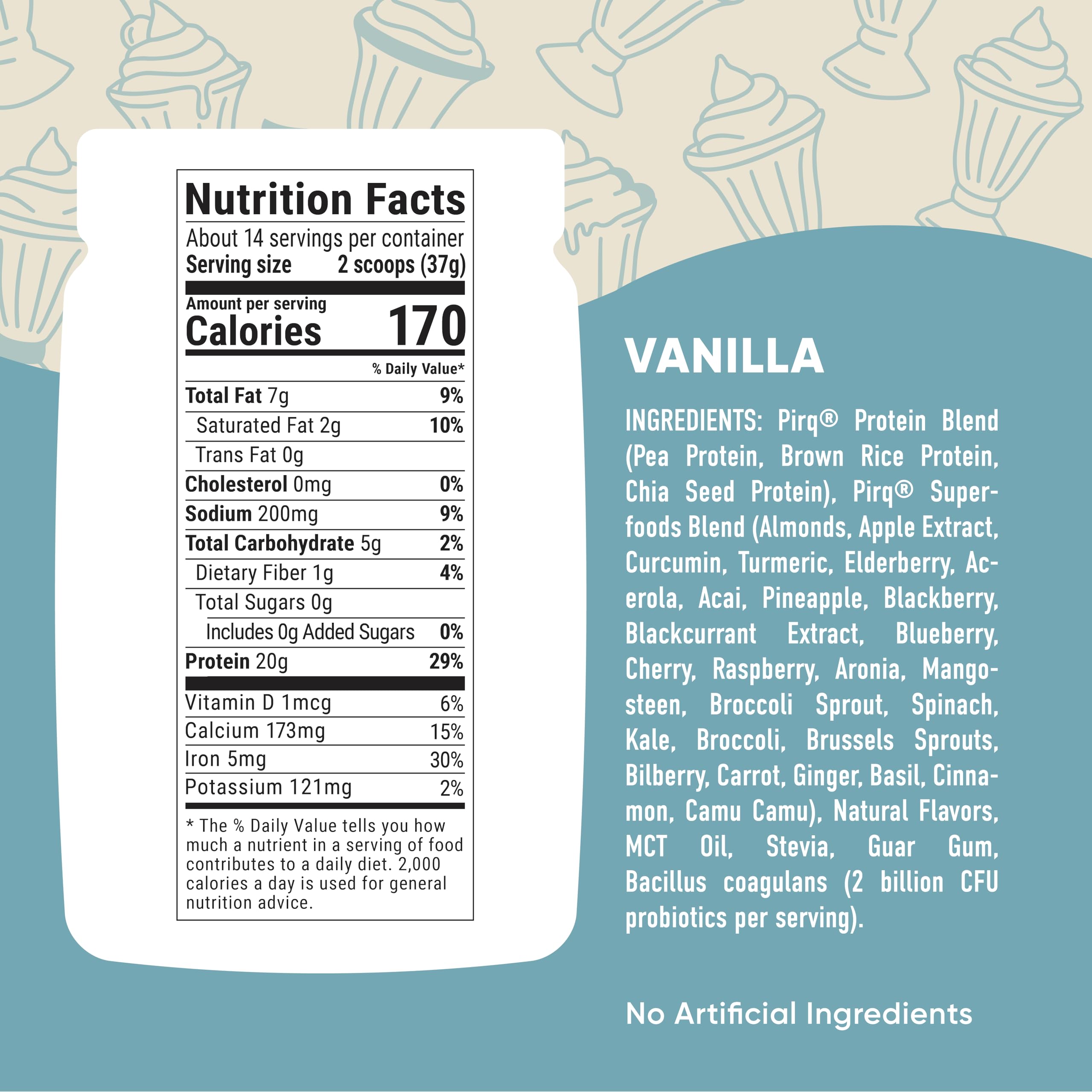 Pirq Dairy Free Protein Powder with 20g Protein, 2B CFU Probiotics, 25 Superfoods Greens and Fruits, Vegan, 0g Sugar (14 Servings) (Vanilla)