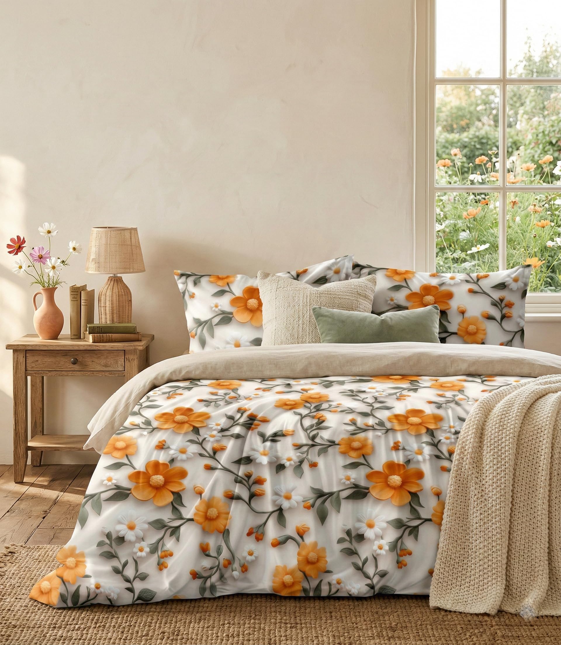 LOOMLYFE 300 TC 7D Microfiber XXL Soft Cotton Super King Size Bedsheet for Double Bed, King Size 108 Inches X 108 Inches, 9 Feet, 275 X 275 cm with 2 Large Size Pillow Covers, OrangeSunflower