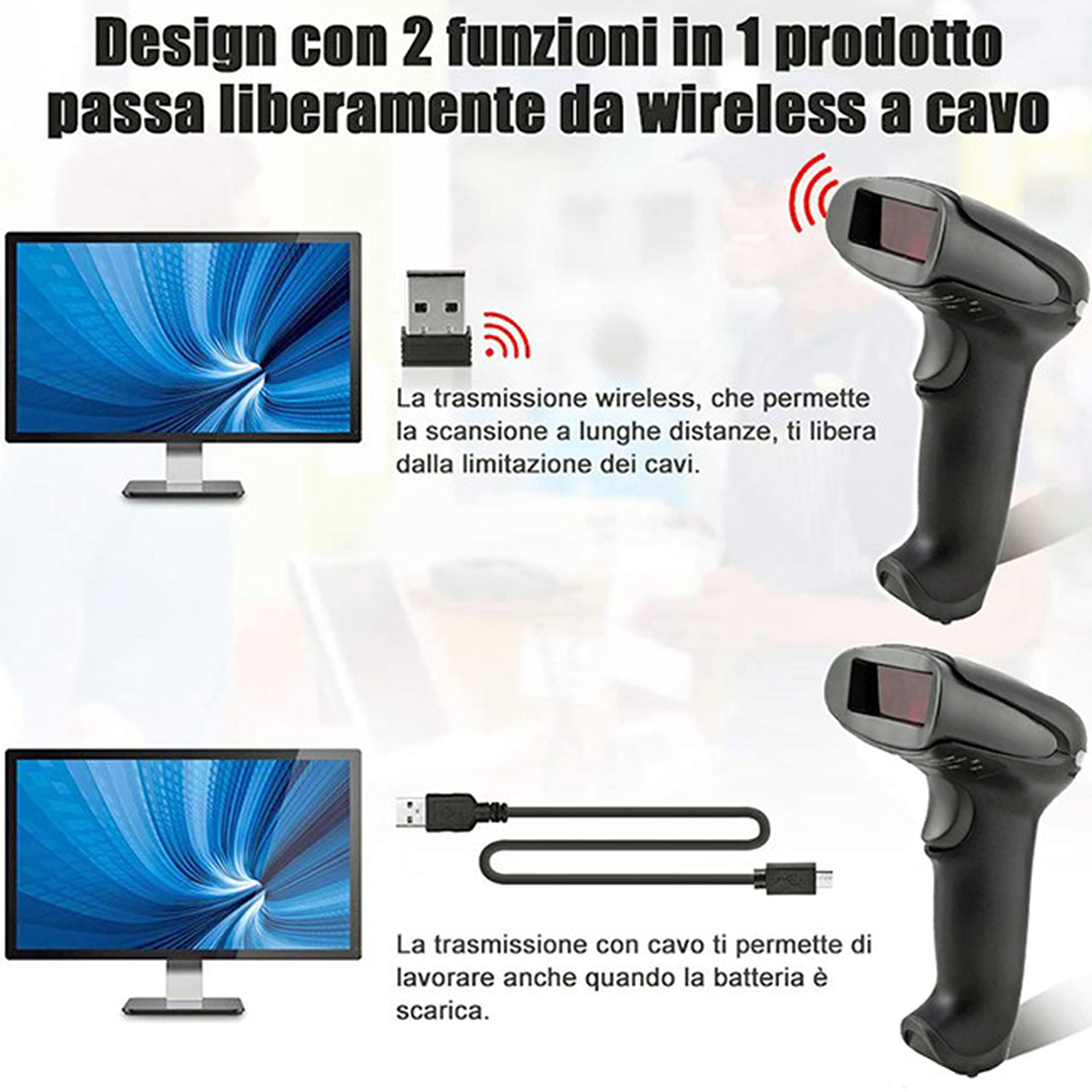 SIMPLETEK – Lettore Codici a Barre Wireless, Pistola Barcode Senza Fili, Scanner per Lotteria Scontrini e Gestione Vendite