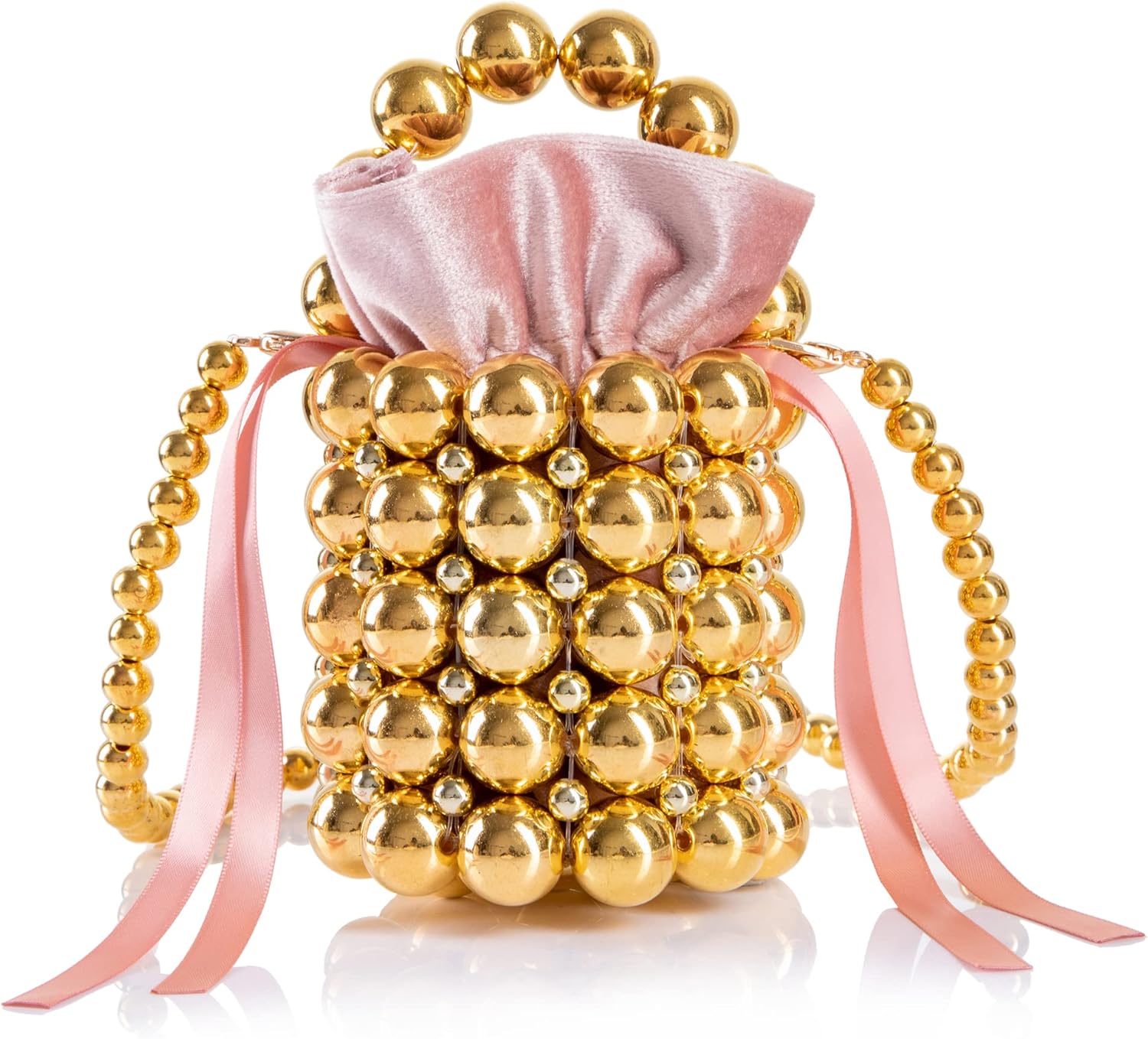 Women Beaded Evening Bucket Bag Small Lipstick Handbag Velvet Lining with Detachable Chain for Wedding Party