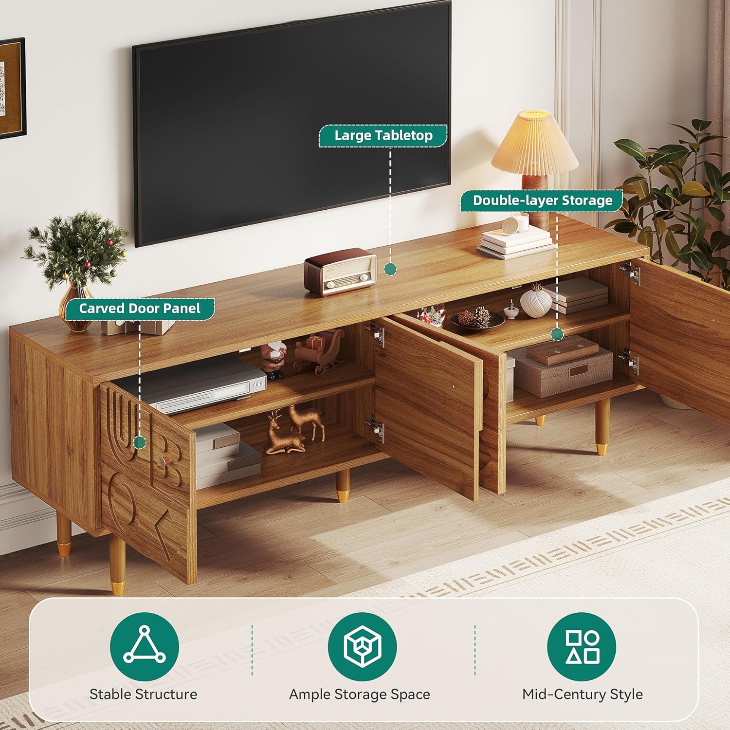 YITAHOME Mid Century Modern TV Stand for up to 80 Inch TV, 70" TV Entertainment Center with Storage, Media Console with 4 Door Cabinets for Living Room, Walnut