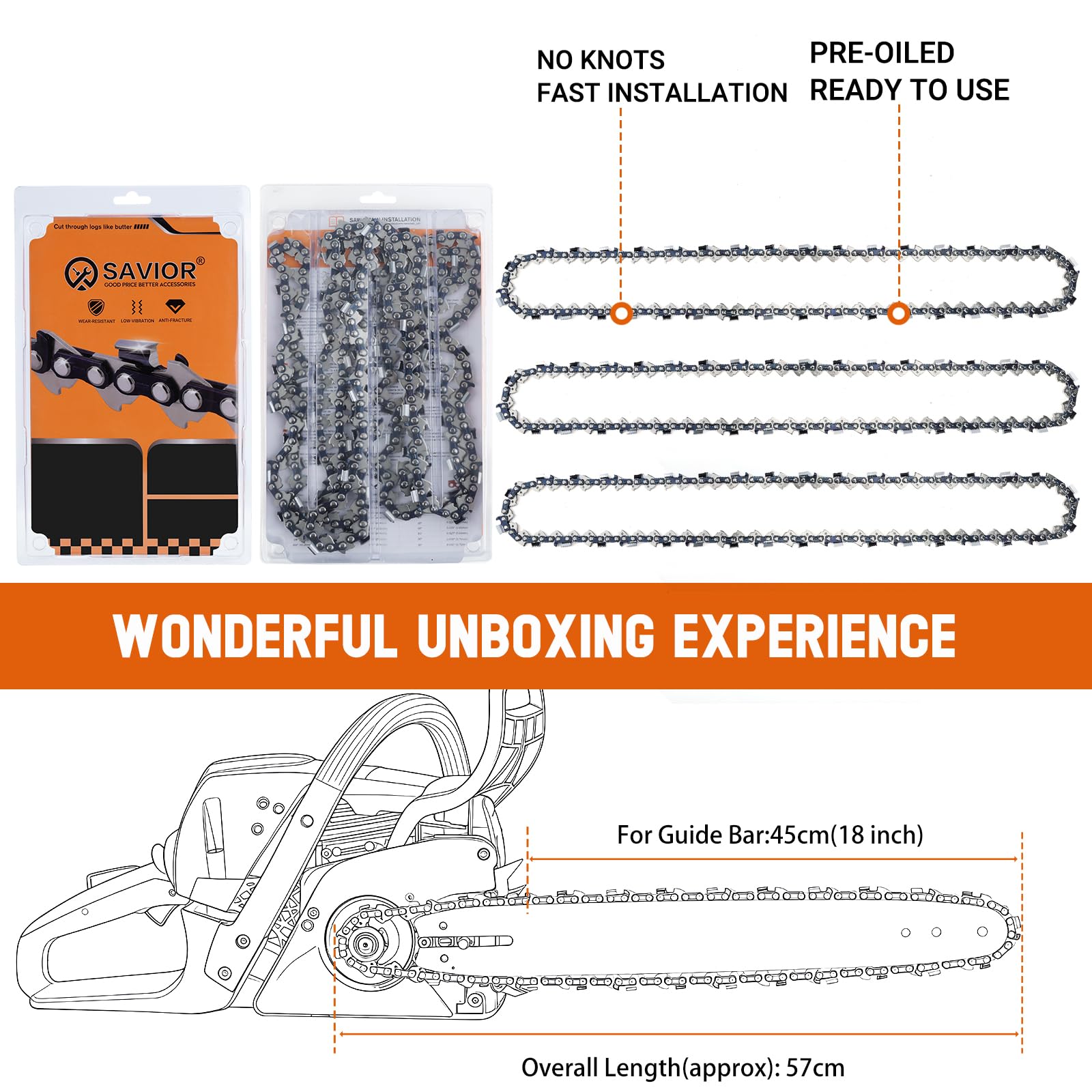 Savior Lote de 3 Cadenas de Motosierra Bajo Retroceso 3/8"LP 62 eslabones 1,3 mm 45 cm Compatible con Oregon CS1500, Husqvarna, Bosch, Greenworks y otros
