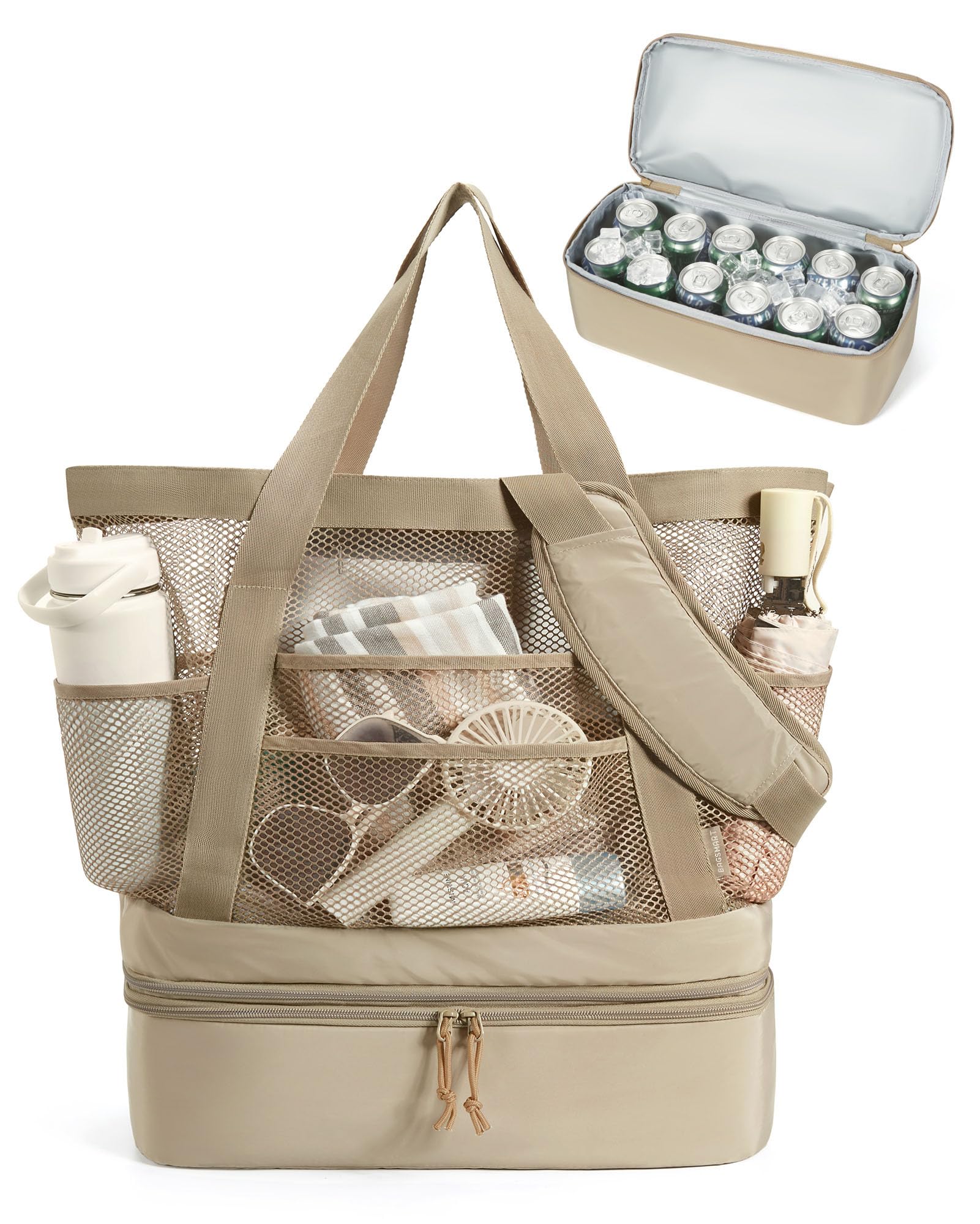 BAGSMART Beach Bag for Women, Mesh Tote Bags with Zipper, Sandproof Vacation Essentials with Cooler for Swim Cruise Pool Camel