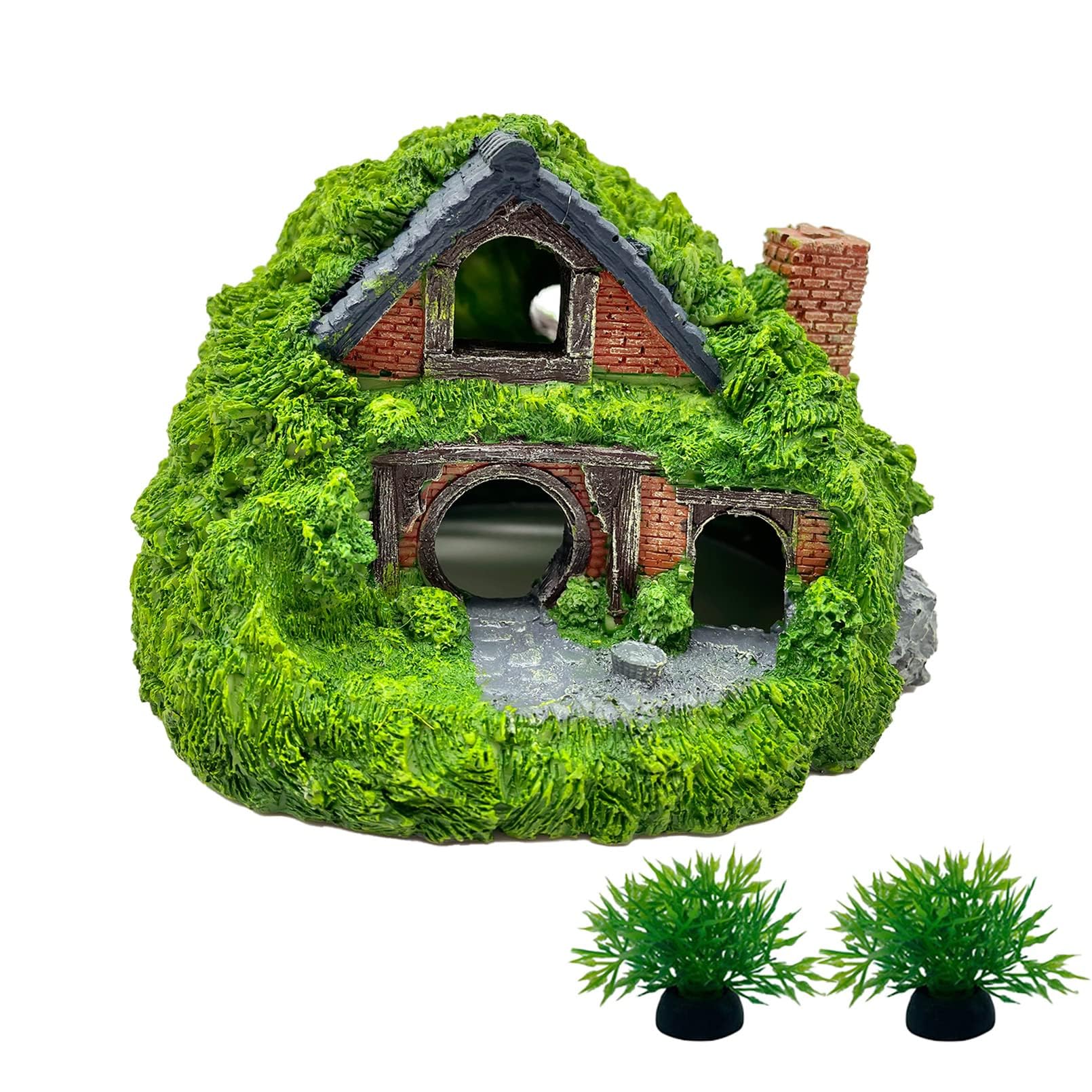 Tfwadmx Fish Tank Hobbit Decorations,Resin Small Fish Cave Hideout House,Aquarium Decor Hide Hole Shelter Hut Ornaments Mini Garden Decorating Accessories